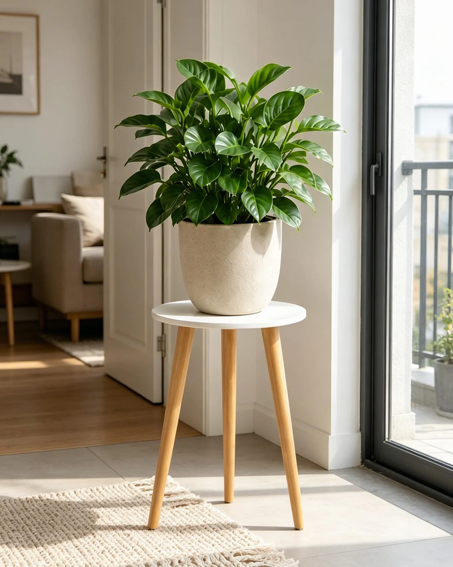 Bamworld Support pour Plantes d'Intérieur en Bois Rond, Table d'Appoint Moderne Style Milieu du Siècle - Blanc