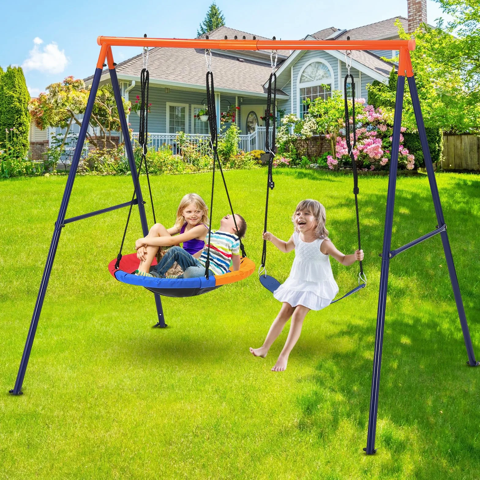 Portique Balançoire Extérieur Kit 2 Sièges Réglables Cadre Métal 250 kg Adulte Enfant