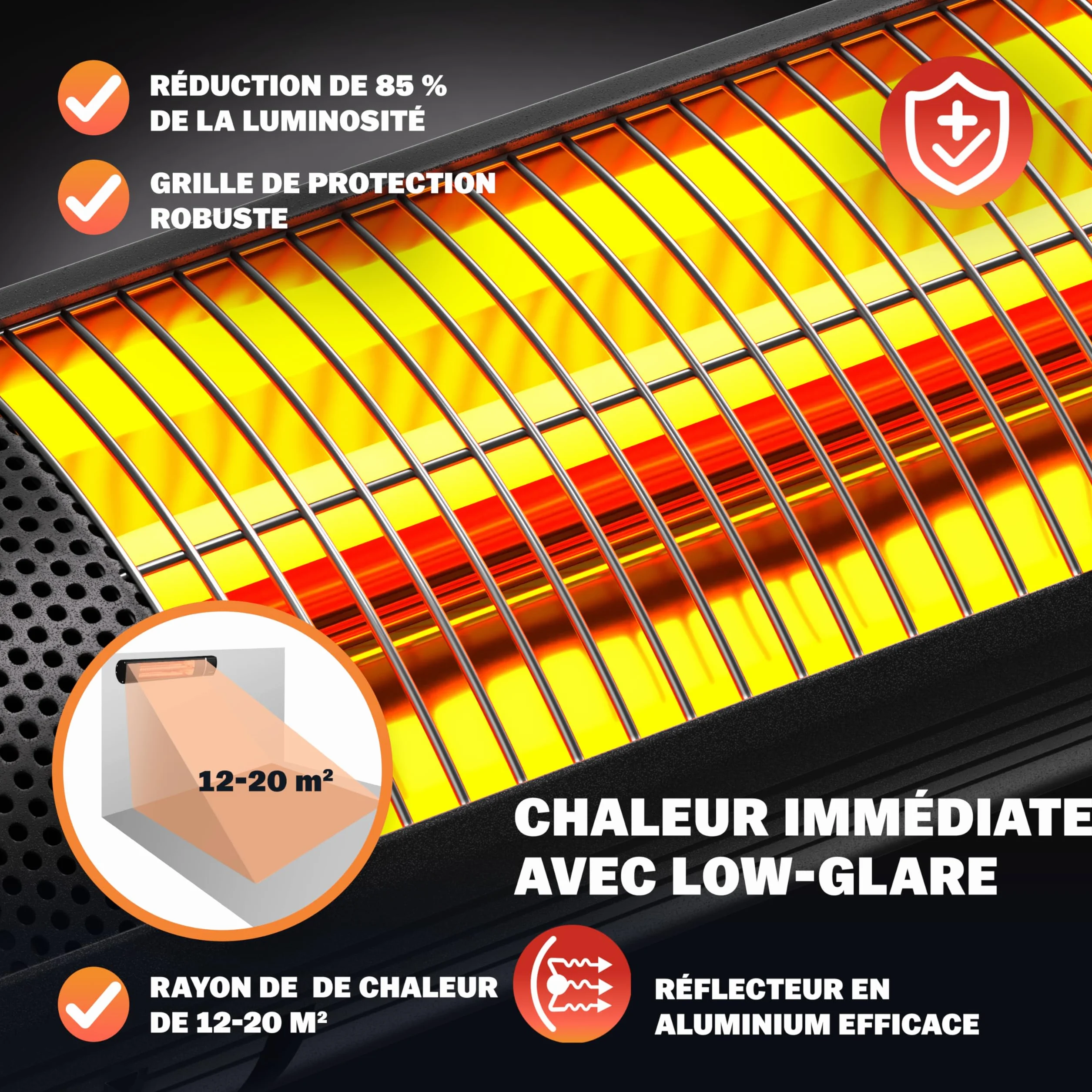 MONZANA Radiateur infrarouge MZH3000 2000W commande application 3 niveaux chauffage télécommande mural noir