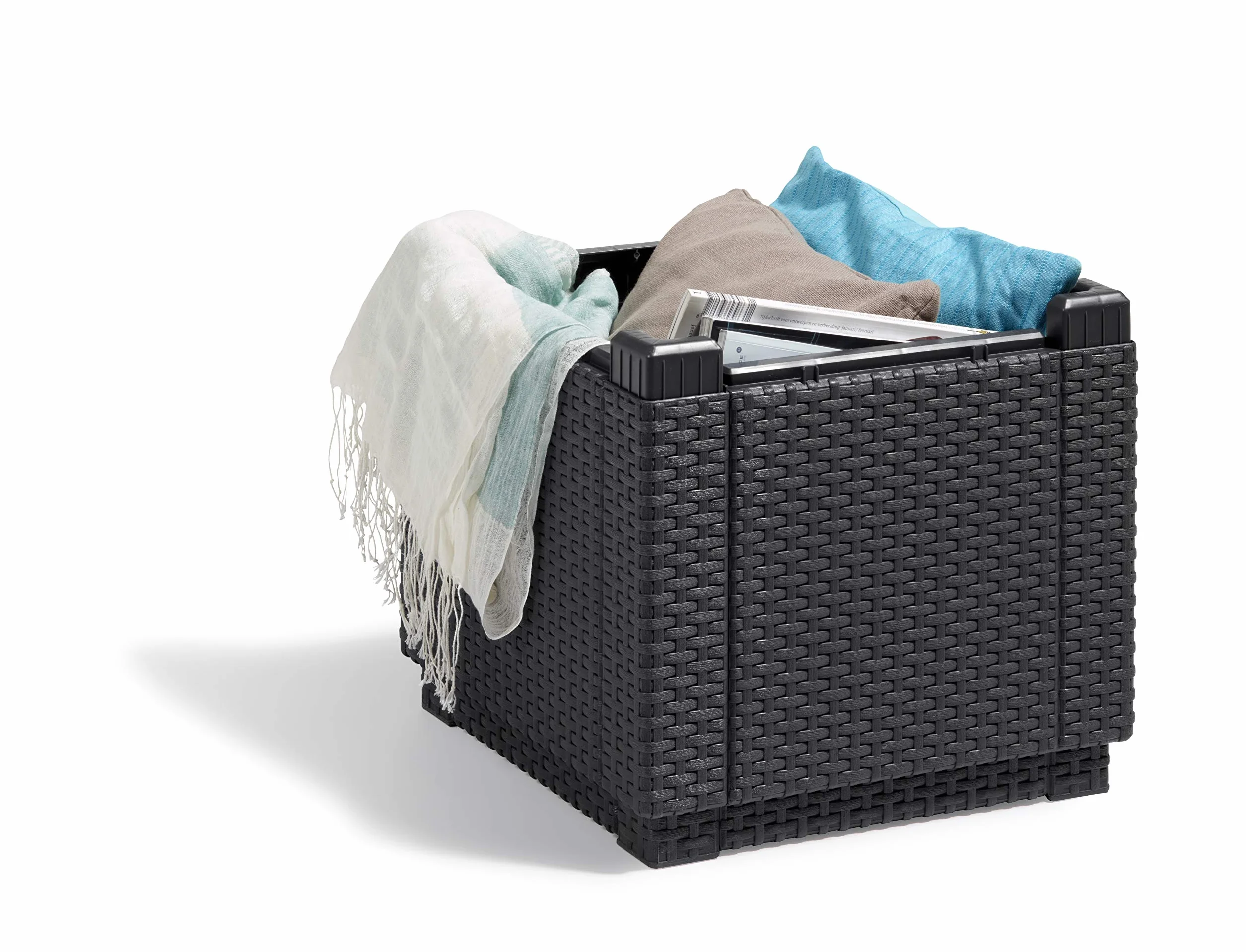 Allibert par Keter Tabouret cubique avec rangement cappuccino coussin inclus couvercle amovible aspect rotin résistant intempéries 42x42x39 cm