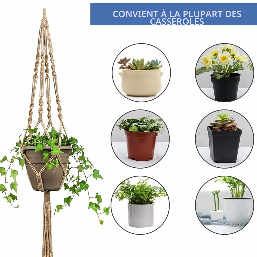 Macramé Pot Suspendu avec Frange, Porte Pot de Fleurs Suspension Plante pour Décoration Jardin Style Bohême 2 Pièces
