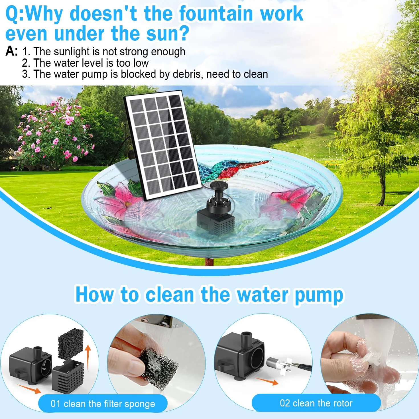 Fontaine Solaire Extérieur 3.5W Pompe Bassin Solaire avec Lumière LED, Batterie 2000mAh, 8 Buses pour Bain d'oiseaux, Jardin