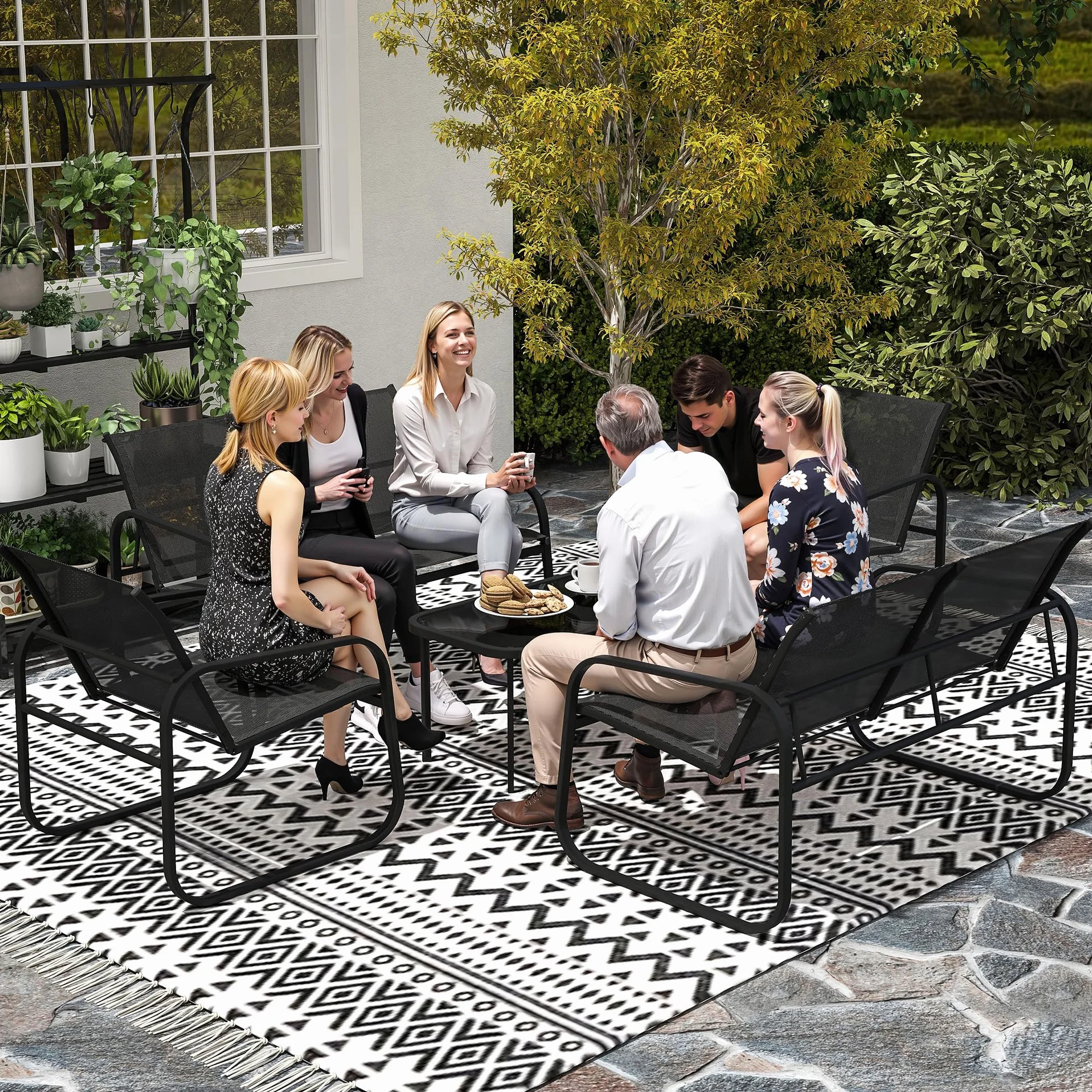 Outsunny Salon de Jardin 5 pièces Acier textilène 2 fauteuils canapés Table Basse Verre trempé Gris