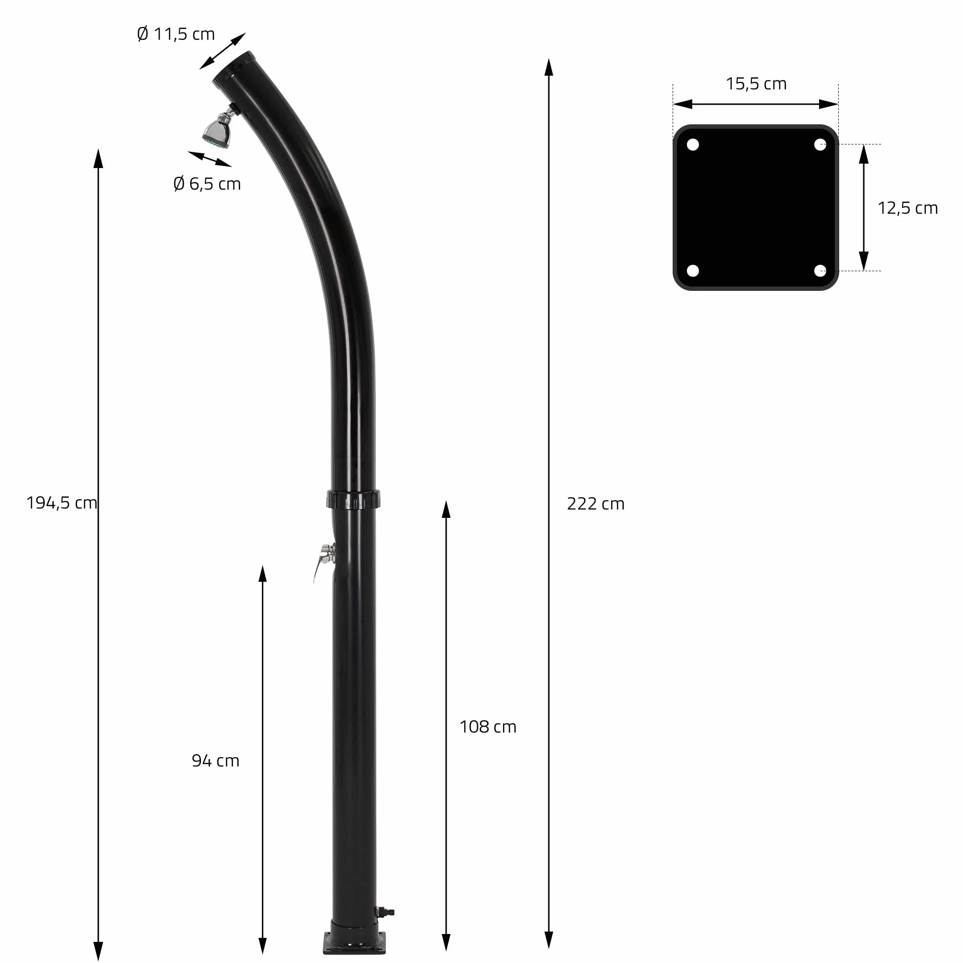 Douche Solaire de Jardin 20 L 222 cm Ronde Noir Courbé, Eau Chaude jusqu'à 60°C sans Branchement Électrique