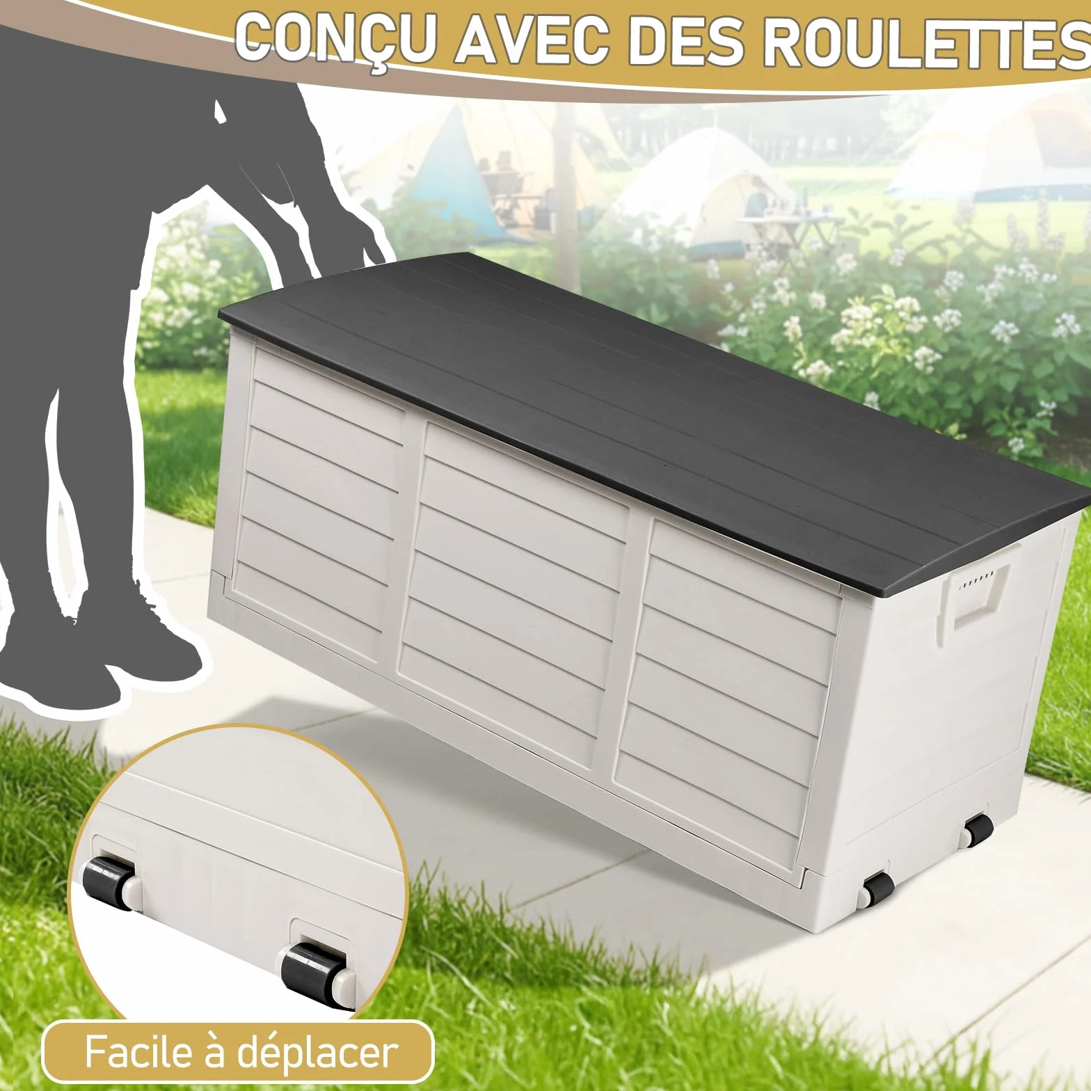Coffre de jardin extérieur pliable 284 L imperméable résistant aux UV avec poignées et roues Noir et blanc