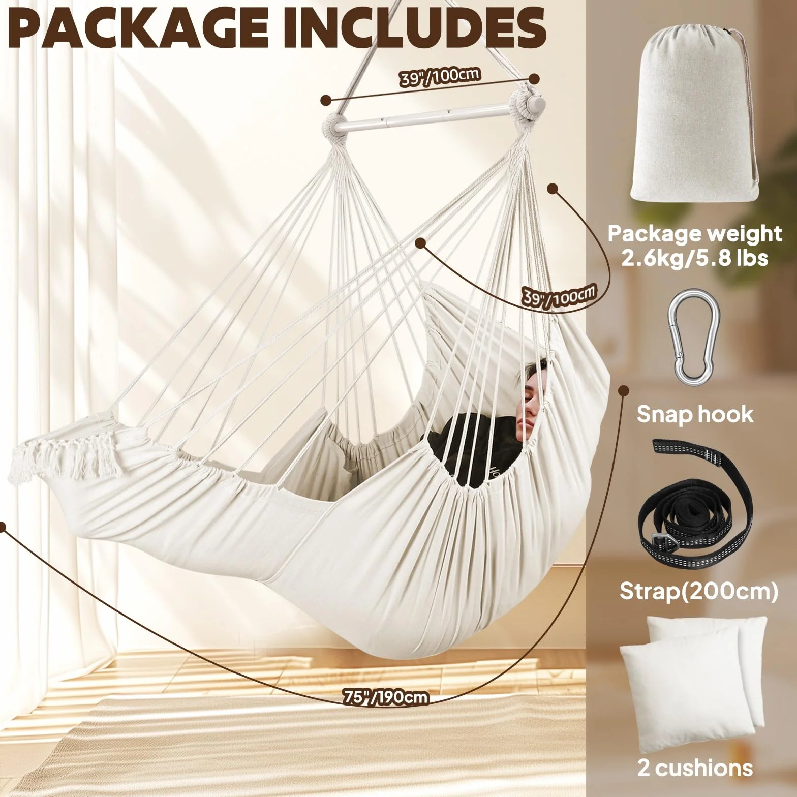Chihee Chaise Hamac Balançoire Suspendue avec Coussins Repose-Pieds, Sangle et Mousqueton, Barre Métal Repliable Coton Tissé Poche Latérale