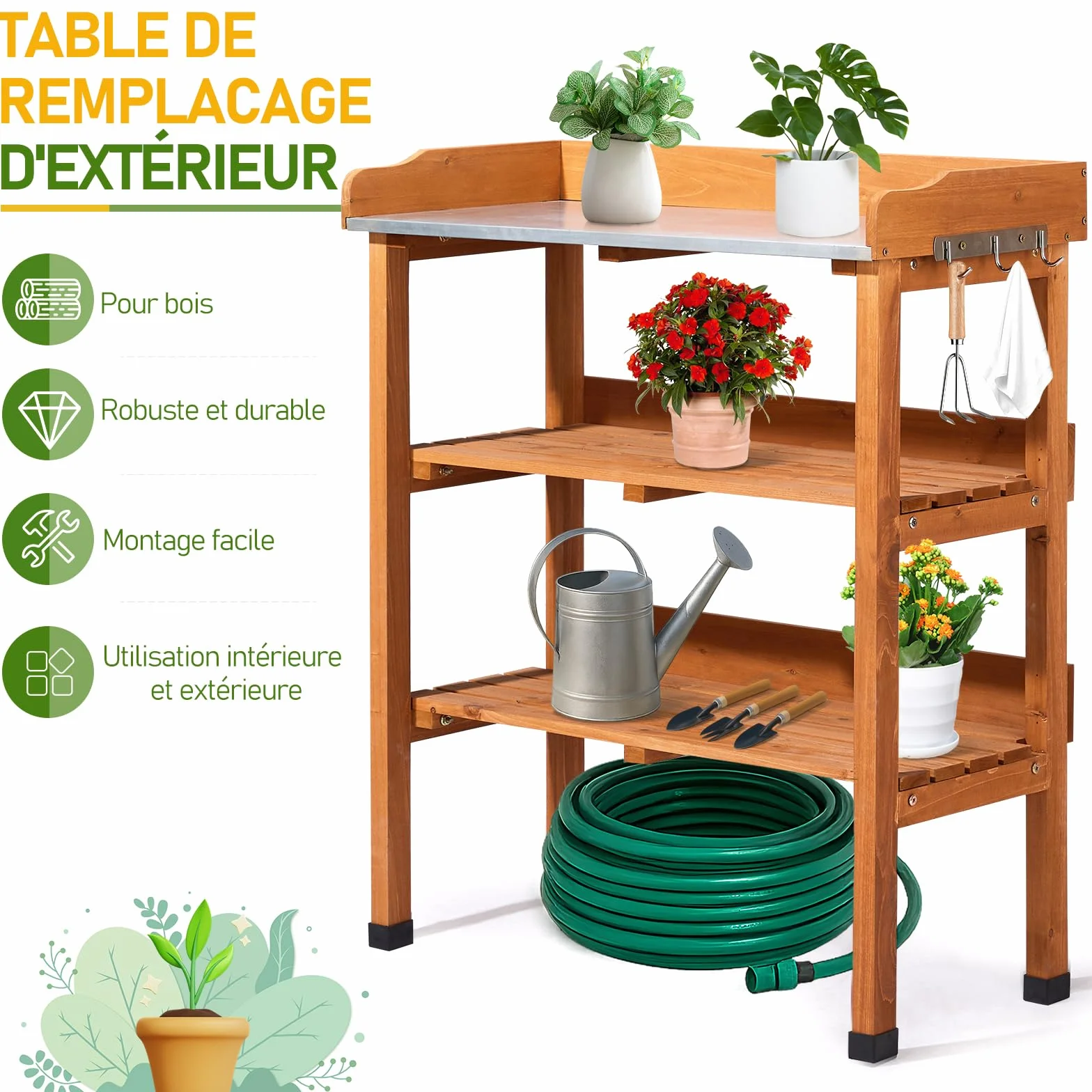 LEADZM Table de rempotage 74 x 36 x 90 cm Plan de Travail galvanisé Bois Sapin pré-huilé