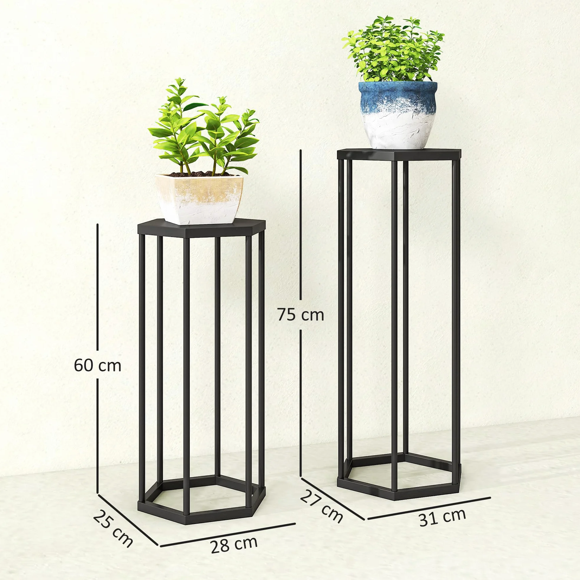 Outsunny Lot de 2 supports pour plantes hexagonal en métal noir, porte-plante haut intérieur extérieur