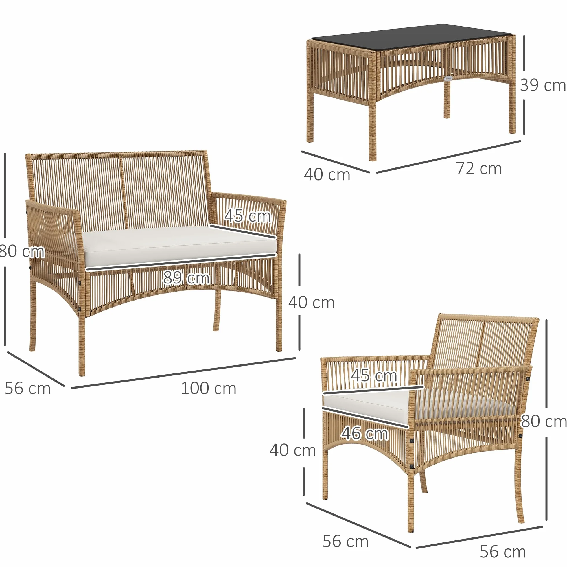Outsunny Salon de Jardin 4 pièces Canapé 2 Places Fauteuils Table Basse Verre trempé Noir Métal Résine tressée Beige