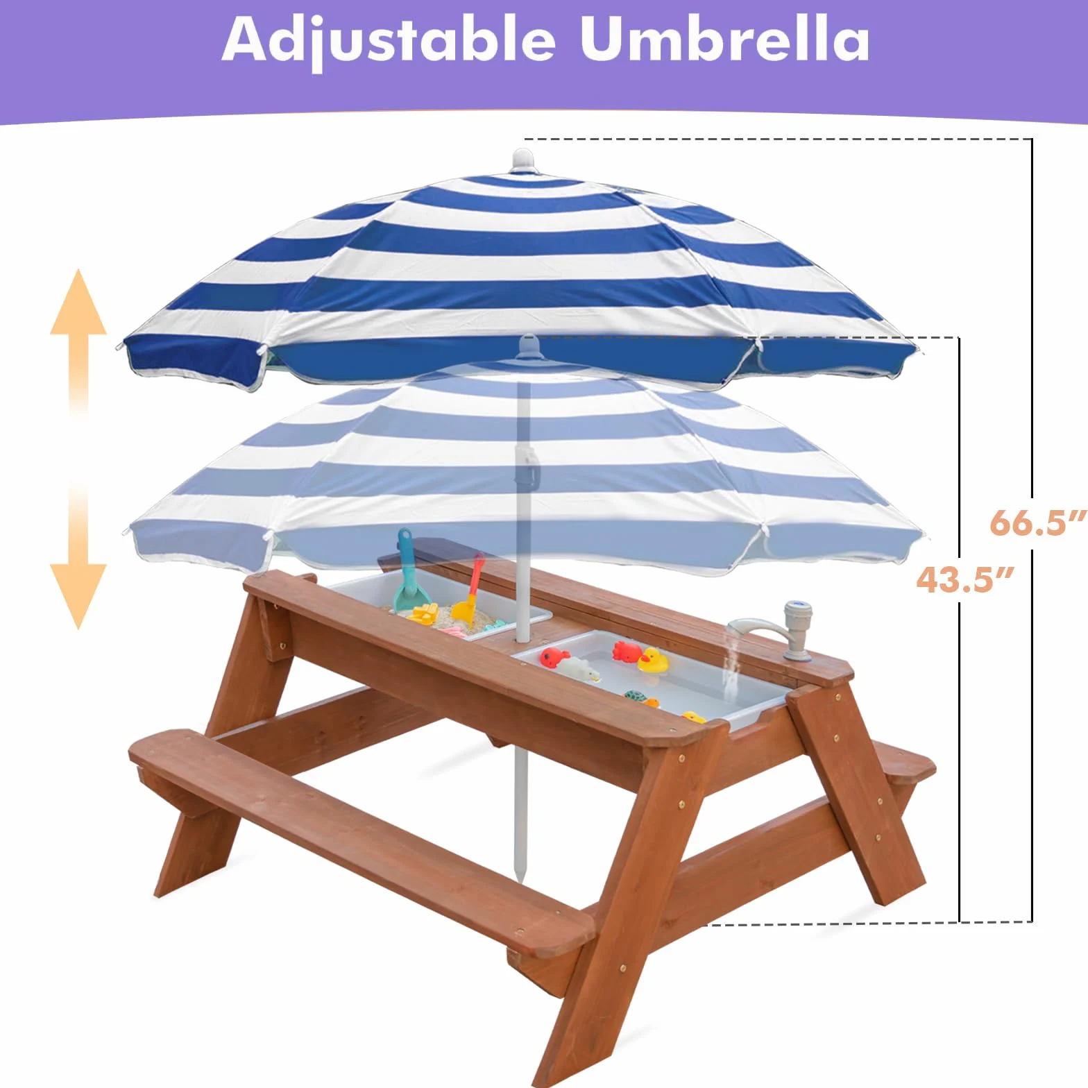 Table d'activités 3 en 1 en bois pour enfants - Table de pique-nique convertible avec parapluie - Marron/bleu marine