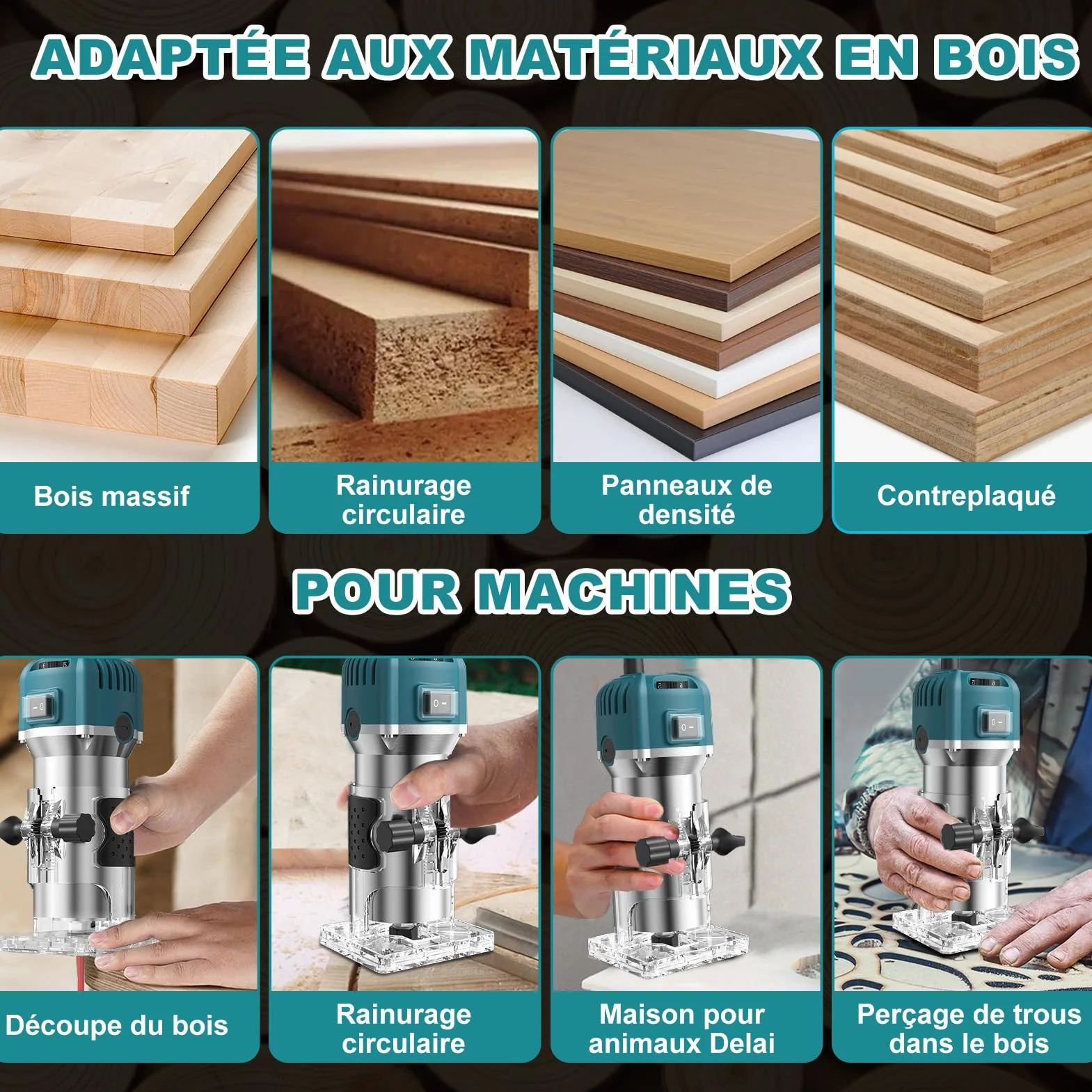 Fraiseuse verticale 800 W, défonceuse électrique pour bois, 30 000 tr/min Fraiseuse électrique à 6 vitesses variables avec 15 fraises à rainurer pour chanfreiner, rainurer, fraiser, poinçonner