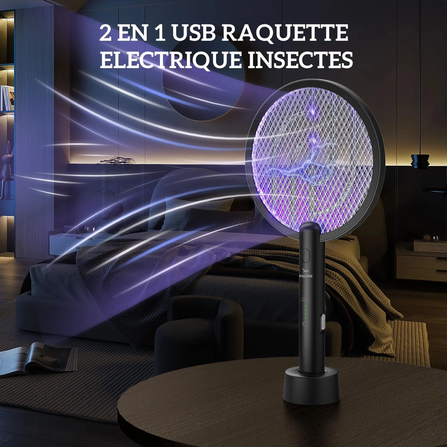PALONE Raquette Electrique Insectes 4000V Anti Moustiques avec Base de Charge et UV, Tapette à Mouches Haute Efficacité Intérieur Extérieur, Grille Sécurité 3 Couches Noir