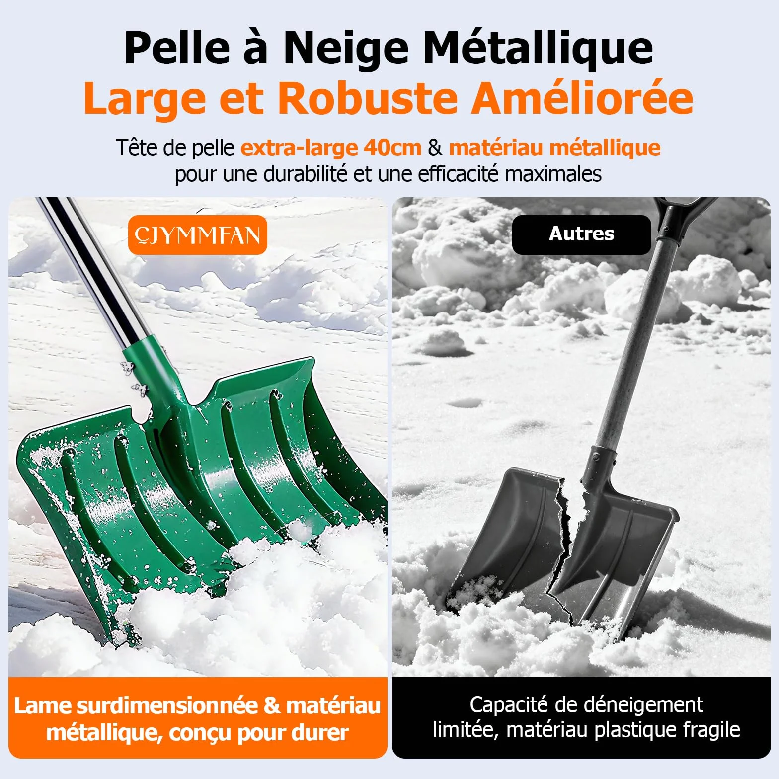 Pelle à Neige 163cm, Pelle Métal Haute Résistance 41cm, Manche Long Ergonomique Anti-Givre
