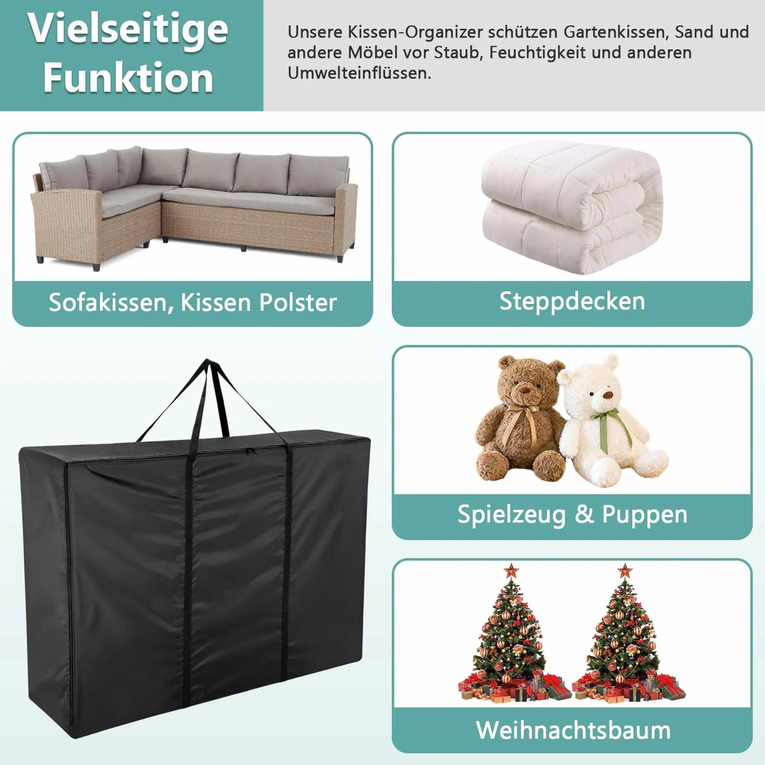 Sac de rangement de jardin imperméable 420D pour coussins 120 x 30 x 80 cm Noir