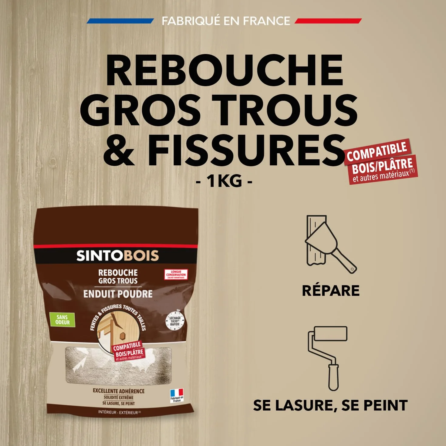 SINTO - Enduit poudre rebouche gros trous - Format 1kg - Idéal pour reboucher les trous sur du bois - excellente adhérence, solidité extrême - peut se lasurer et se peindre