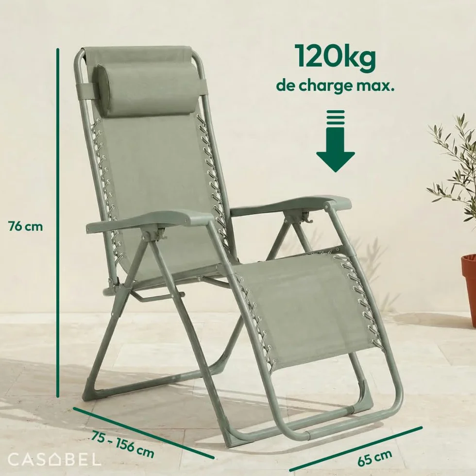 CASABEL Chaise Pliante Zéro Gravité Fauteuil Extérieur Inclinable Acier Anti-Rouille Toile Textilene Vert Sauge Coussin