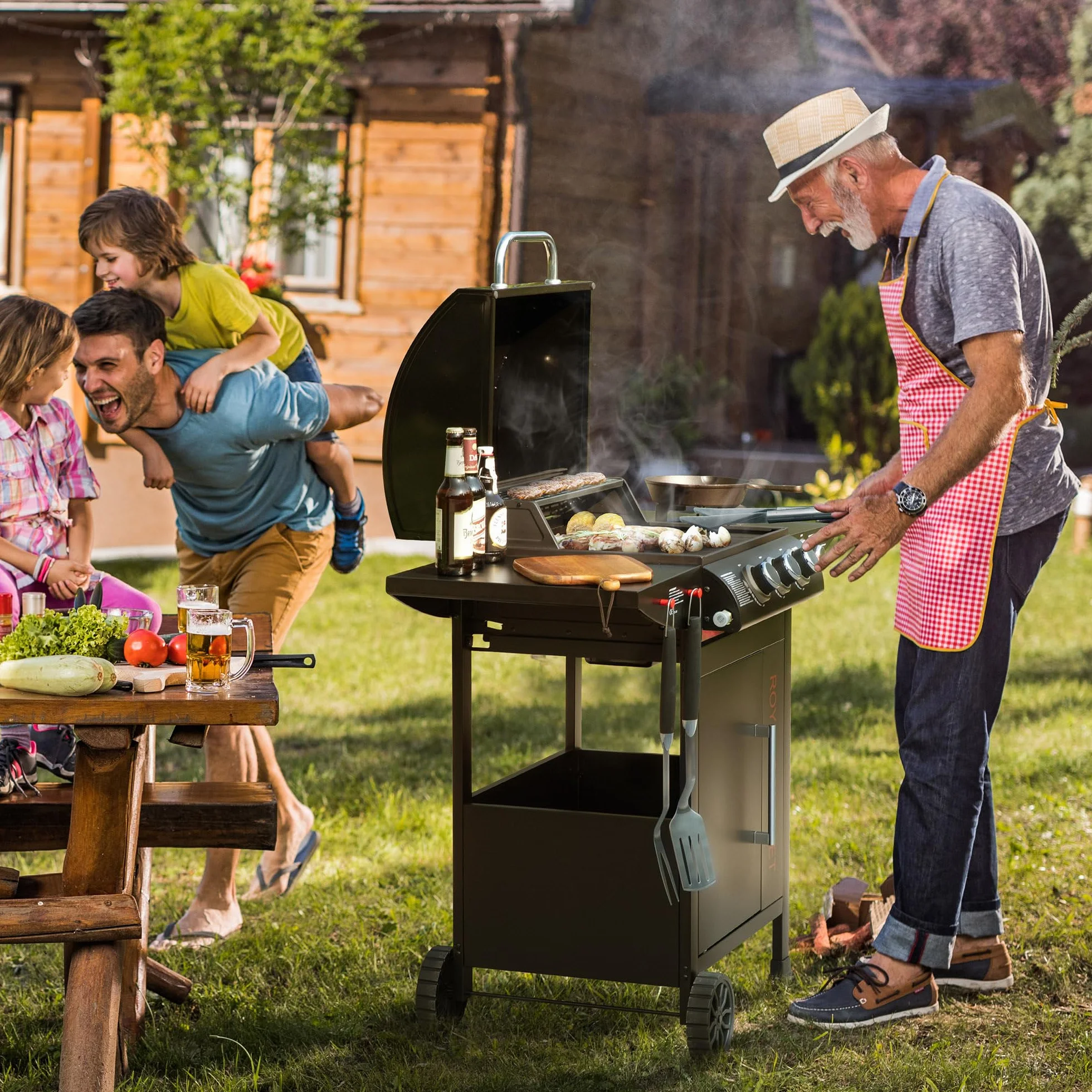 Royal Gourmet Barbecue Gaz 3+1 Brûleurs Acier Inoxydable Gril sur Chariot 11,5 KW avec Tablette Thermomètre Noir
