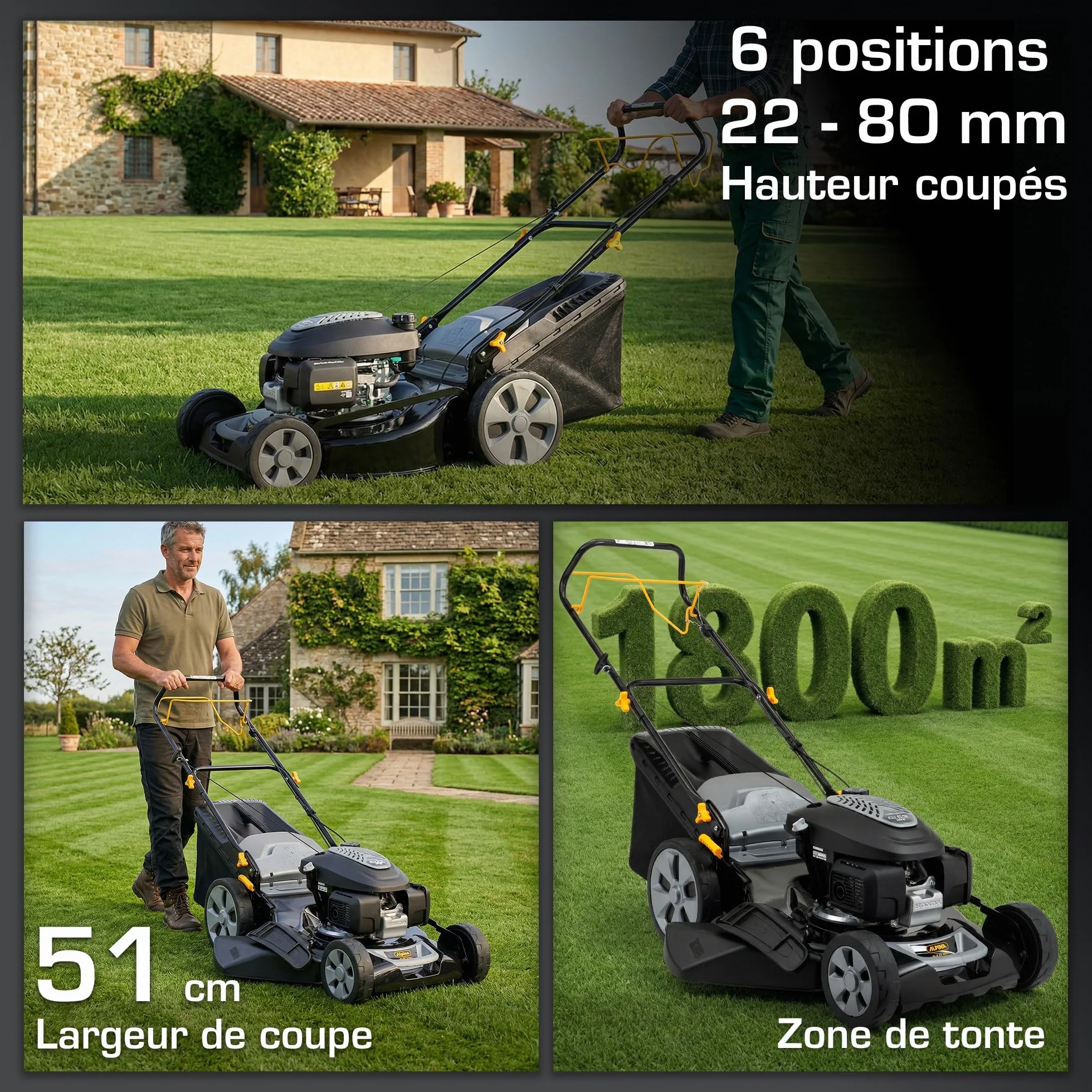 Tondeuse Thermique Alpina AL5 51 SHQ 166 cm³ 51 cm 4 en 1 Bac 60 L 1800 m²