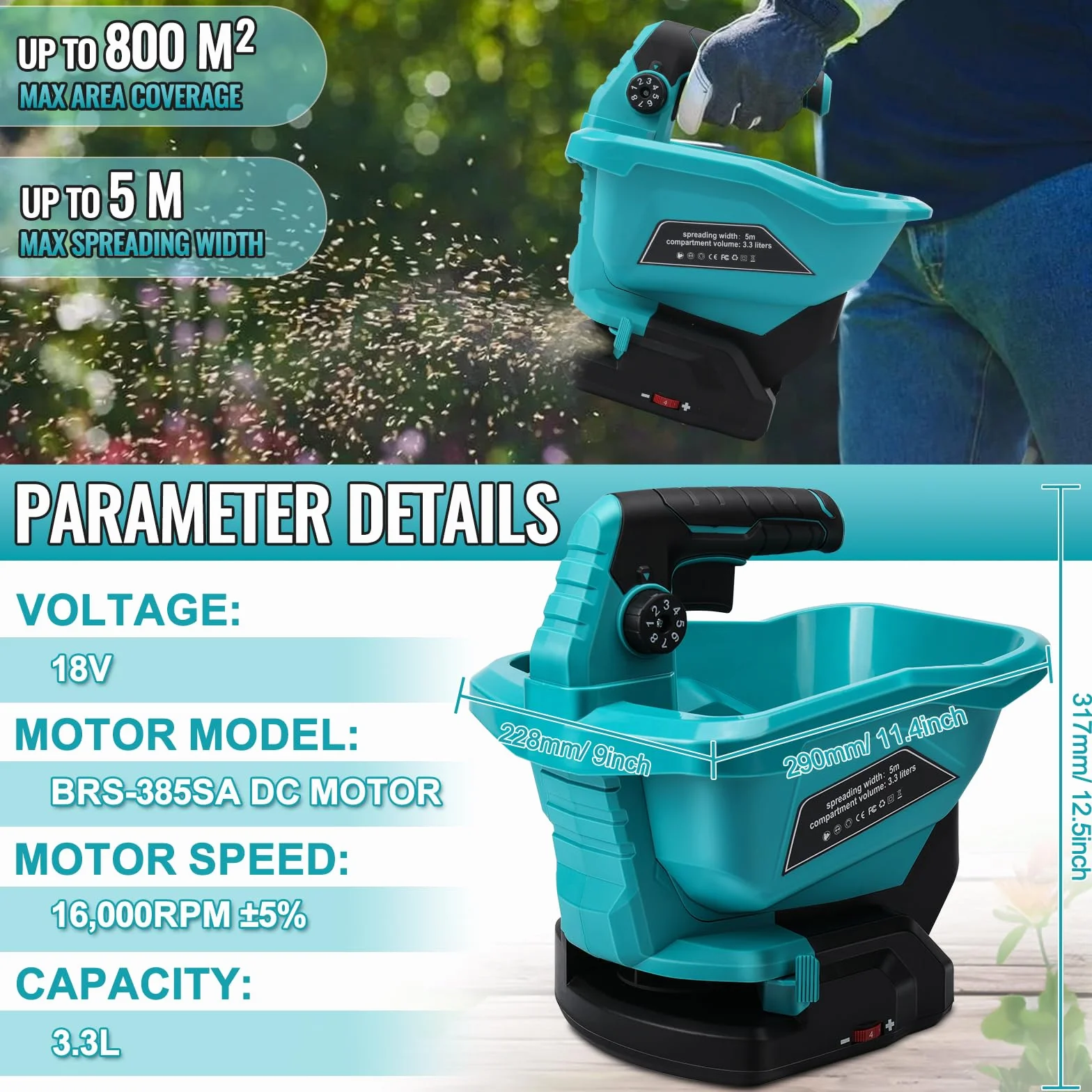 Makita 18 V Épandeur d'engrais Portable 3,7 L Réglage de Vitesse 6 étapes Couvert 800 m²