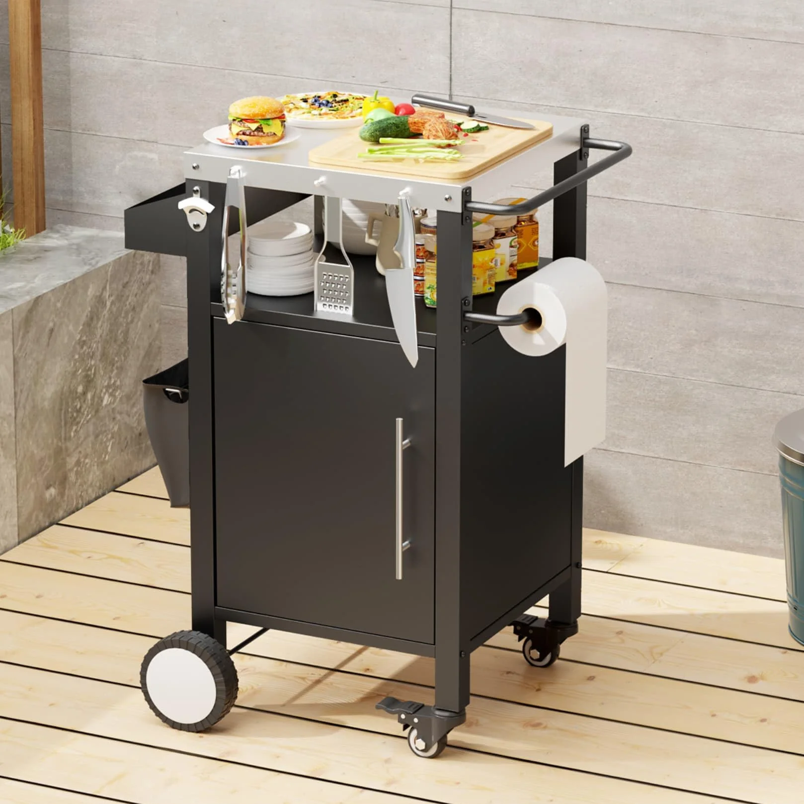 Desserte à roulettes de Jardin 46x46.2x87.9cm Chariot Barbecue Cuisine Exterieur avec Crochets Étagères Épices Armoire Noir