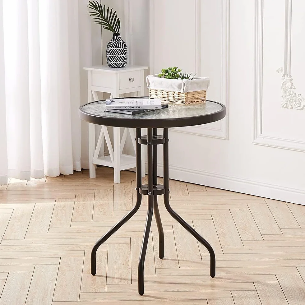 Table Ronde 60 cm Verre Trempé Transparent Piètement Acier Noir Bistrot Compact Moderne