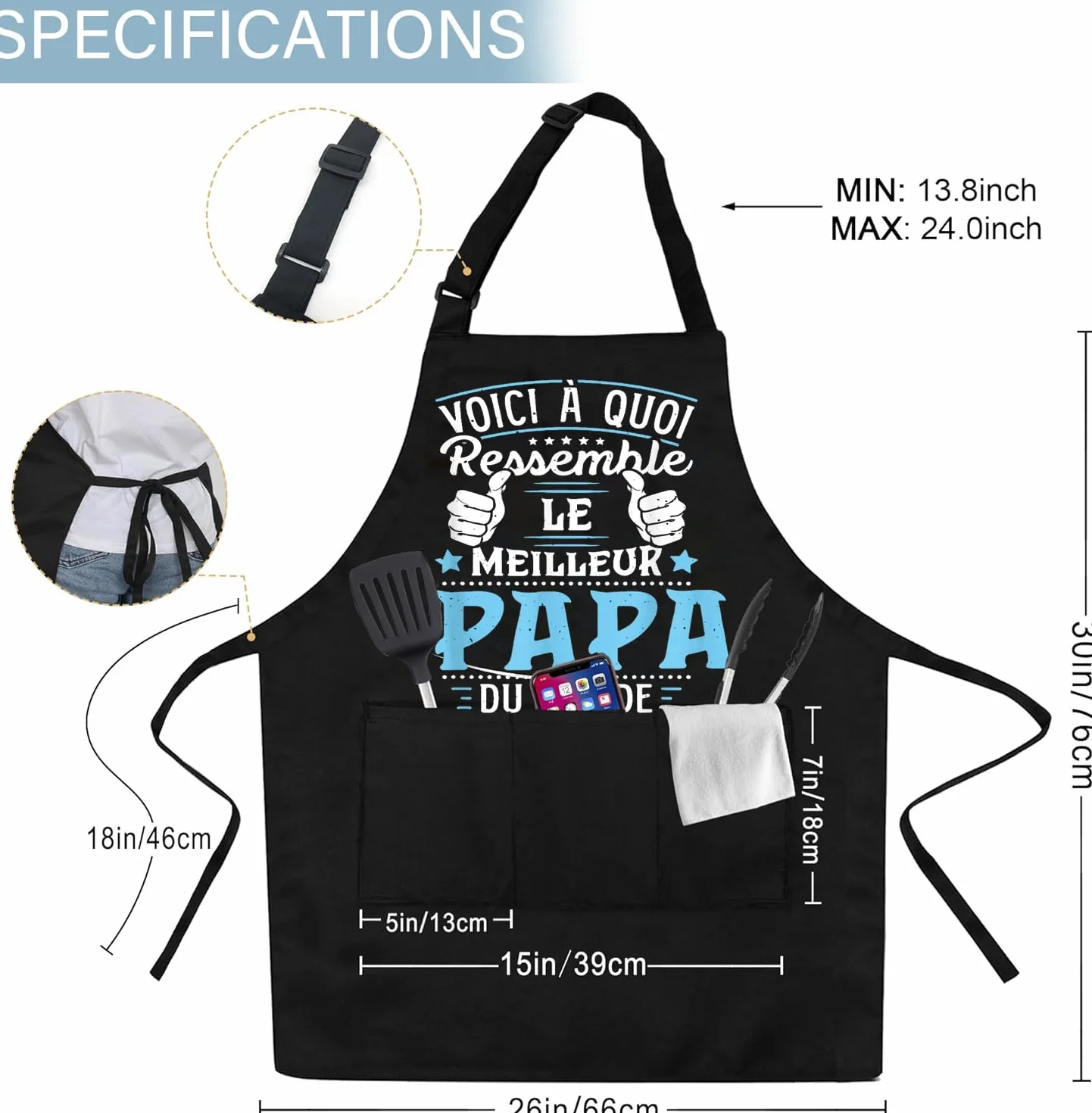 Tablier Cuisine Réglable Chef pour Homme - Cadeau Fête des Pères - Tablier BBQ Jardinage