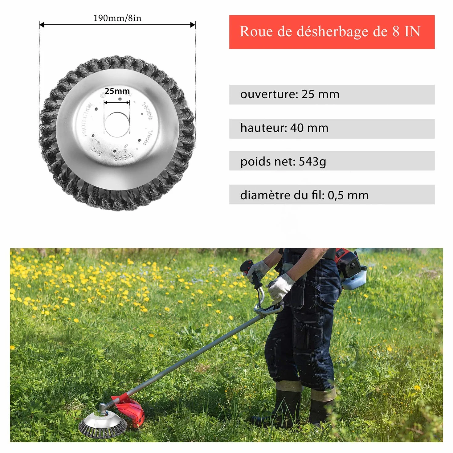 Viabrico Tête Brosse Désherbage pour Débroussailleuse, Plateau Contre-écrou Fil d'Acier 8 Pouce