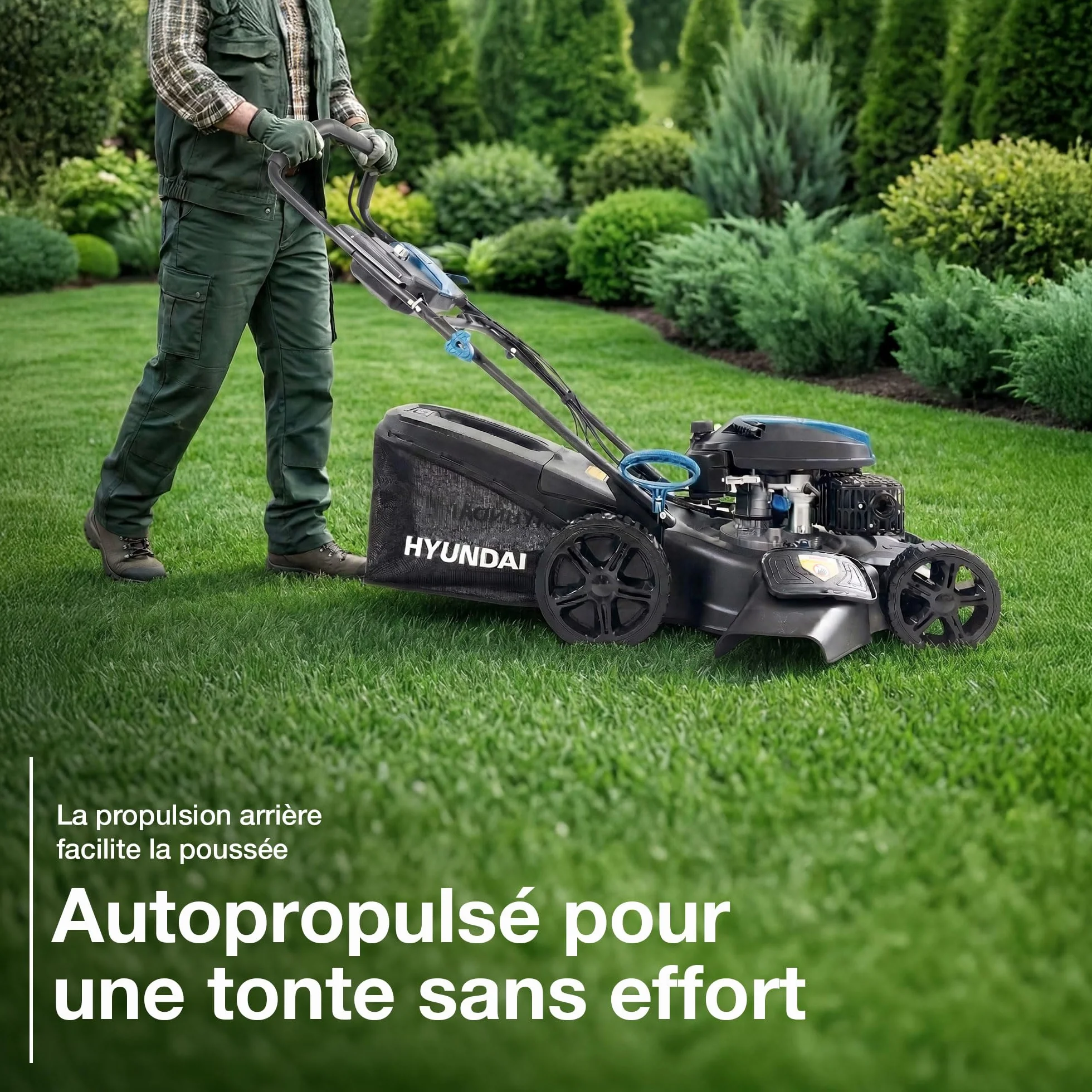 Hyundai Tondeuse à Gazon Thermique 51 cm Autotractée Démarrage Électrique Moteur 4-Temps 196 CC 4-en-1 Mulching Bac 60 L