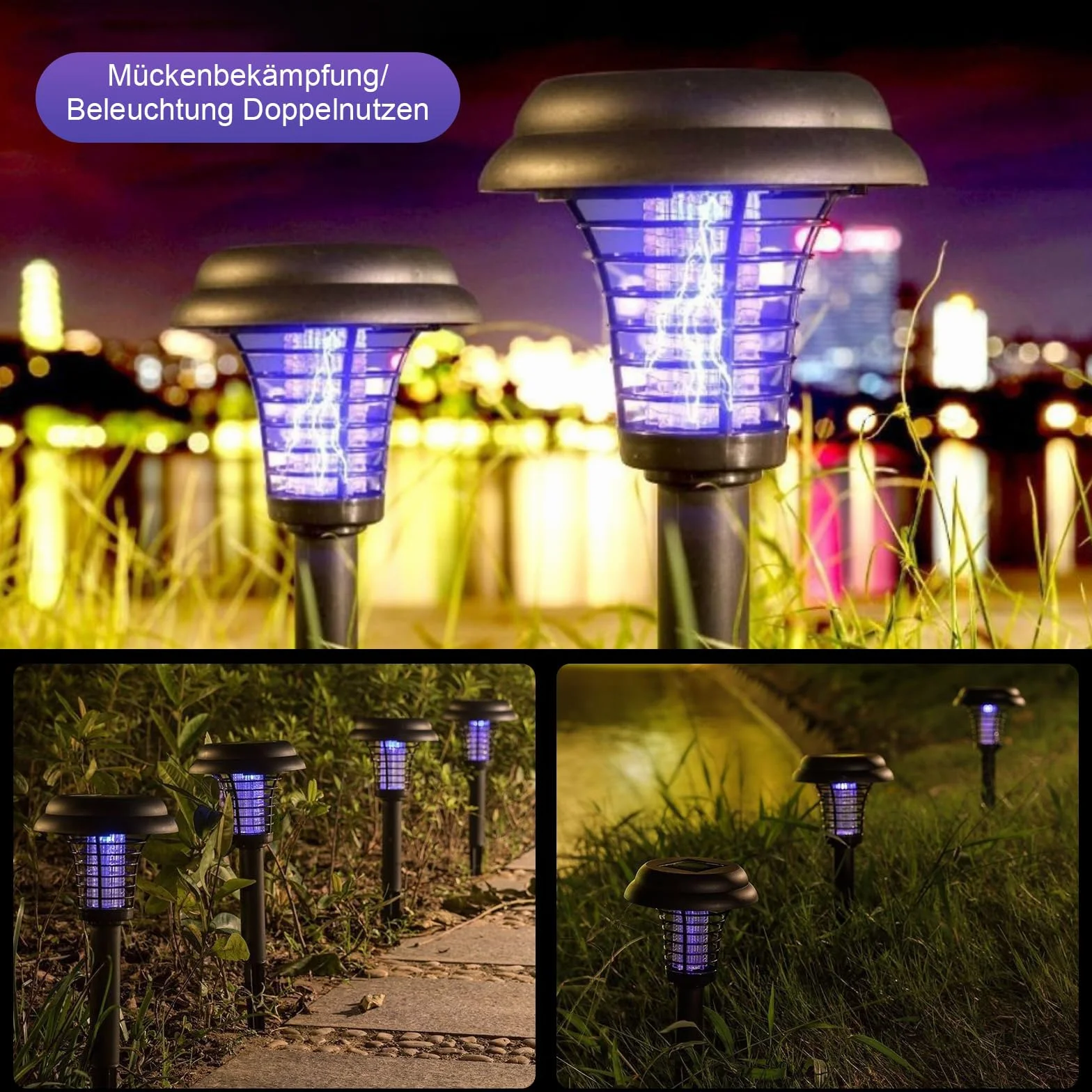 Piège à moustiques solaire 4 pièces destructeur d'insectes électrique étanche UV lumière blanche commutation automatique