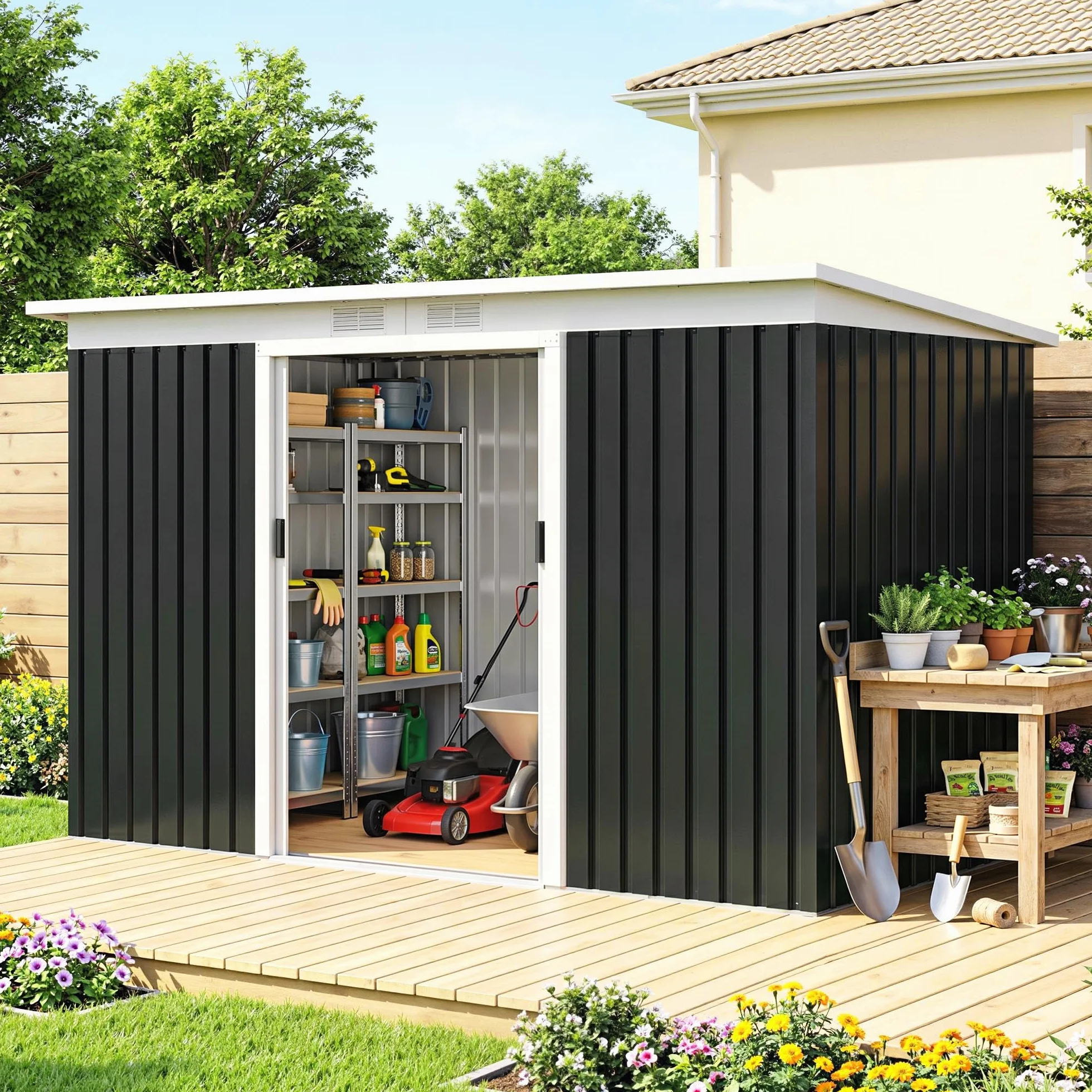 Outsunny Abri de Jardin Acier galvanisé XXL 3,6 m² 280 x 130 x 172 cm Cabanon Rangement Outils Portes coulissantes Noir