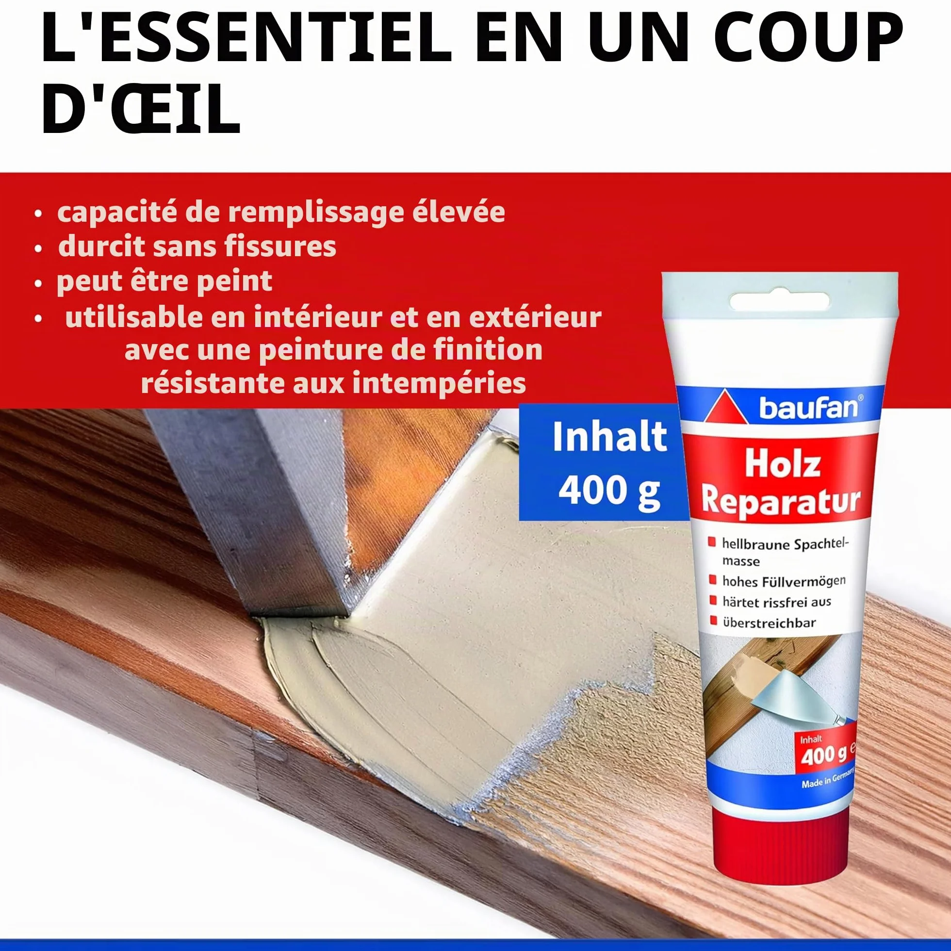 Baufan Enduit Rebouche Bois - Brun Clair, 400g I Mastic Réparation Prêt à l'Emploi pour Fissures, Trous, Défauts I Pâte à Bois Peut Être Peint