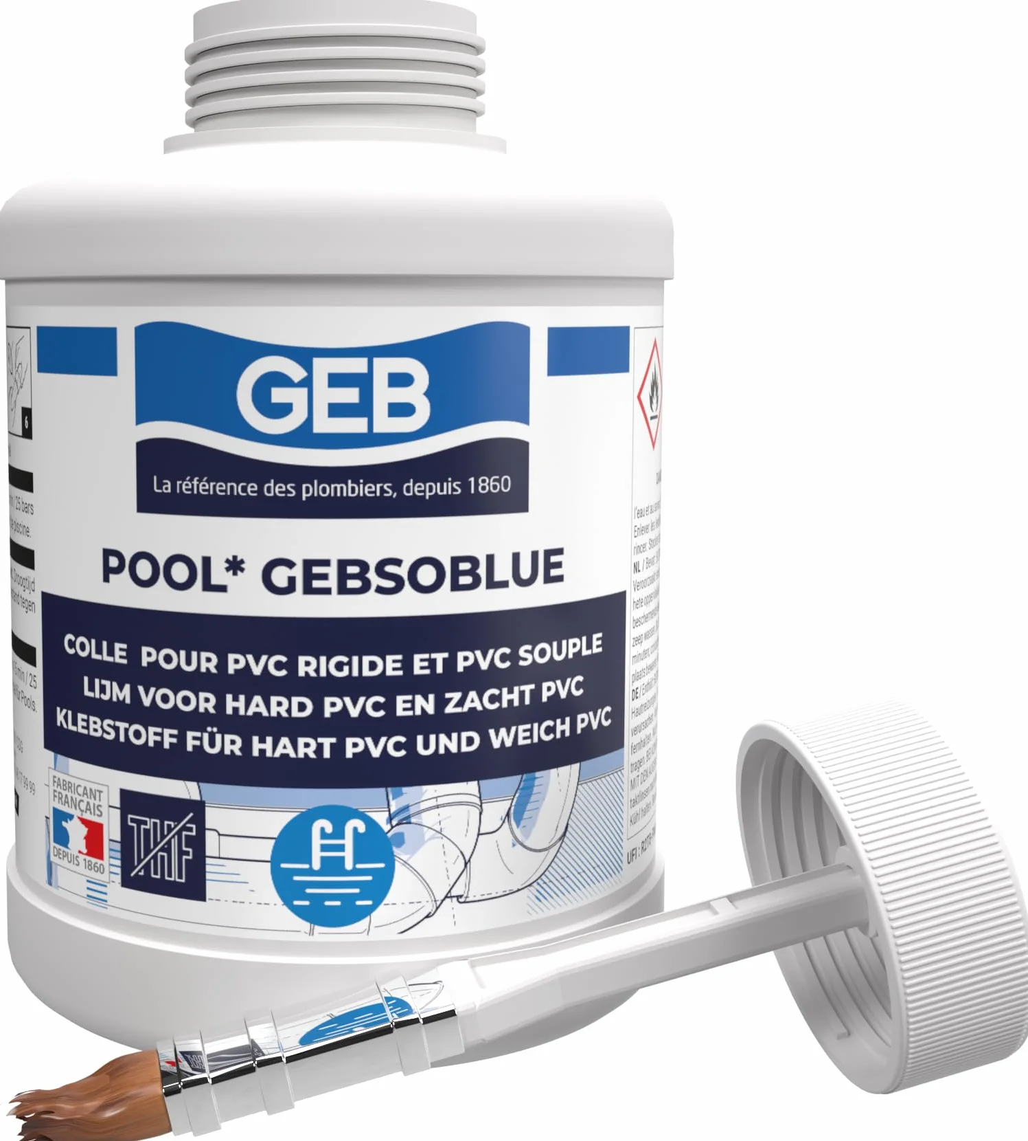 GEB Colle PVC spécial piscine jaccuzzi irrigation Gebsoblue 500ml pour assembler canalisations et raccords en PVC. Sans THF