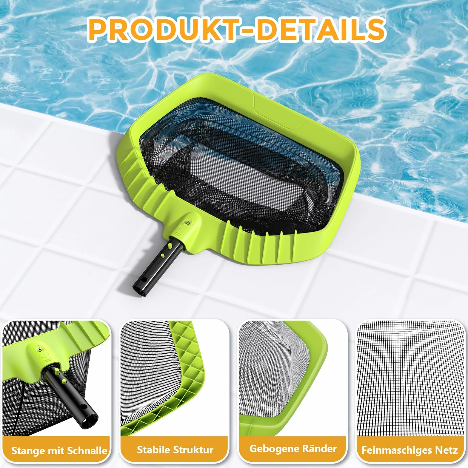 Épuisettes de Surface Filet de Fond Piscine Professionnel Grand Capacité Ramassage Feuilles sans Perche Vert
