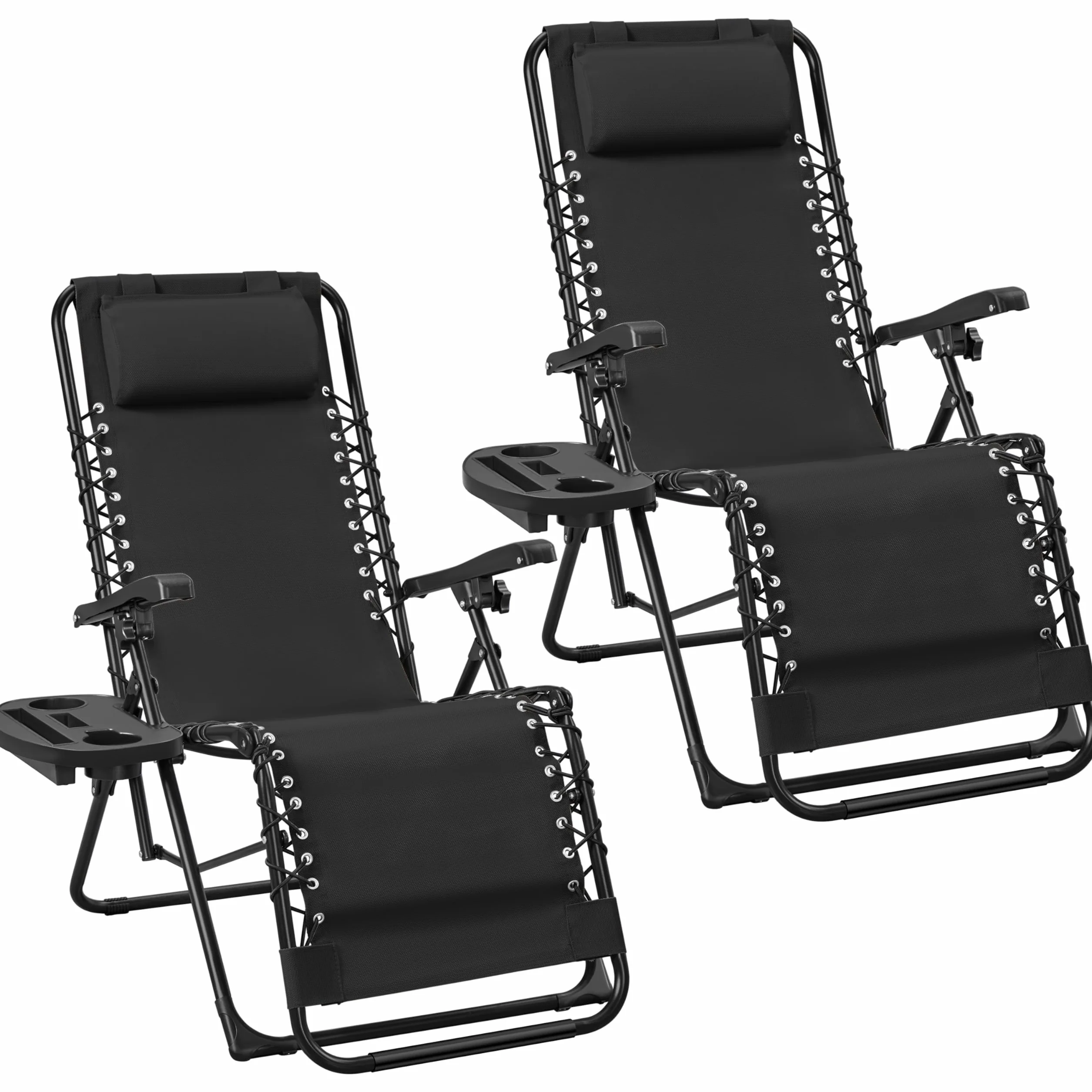 Transat en Textilène avec Plateau Amovible, Lot de 2 Chaise Longue Pliante Zéro Gravité Inclinable, Fauteuil Relax pour Bain de Soleil, Charge 114kg Noir