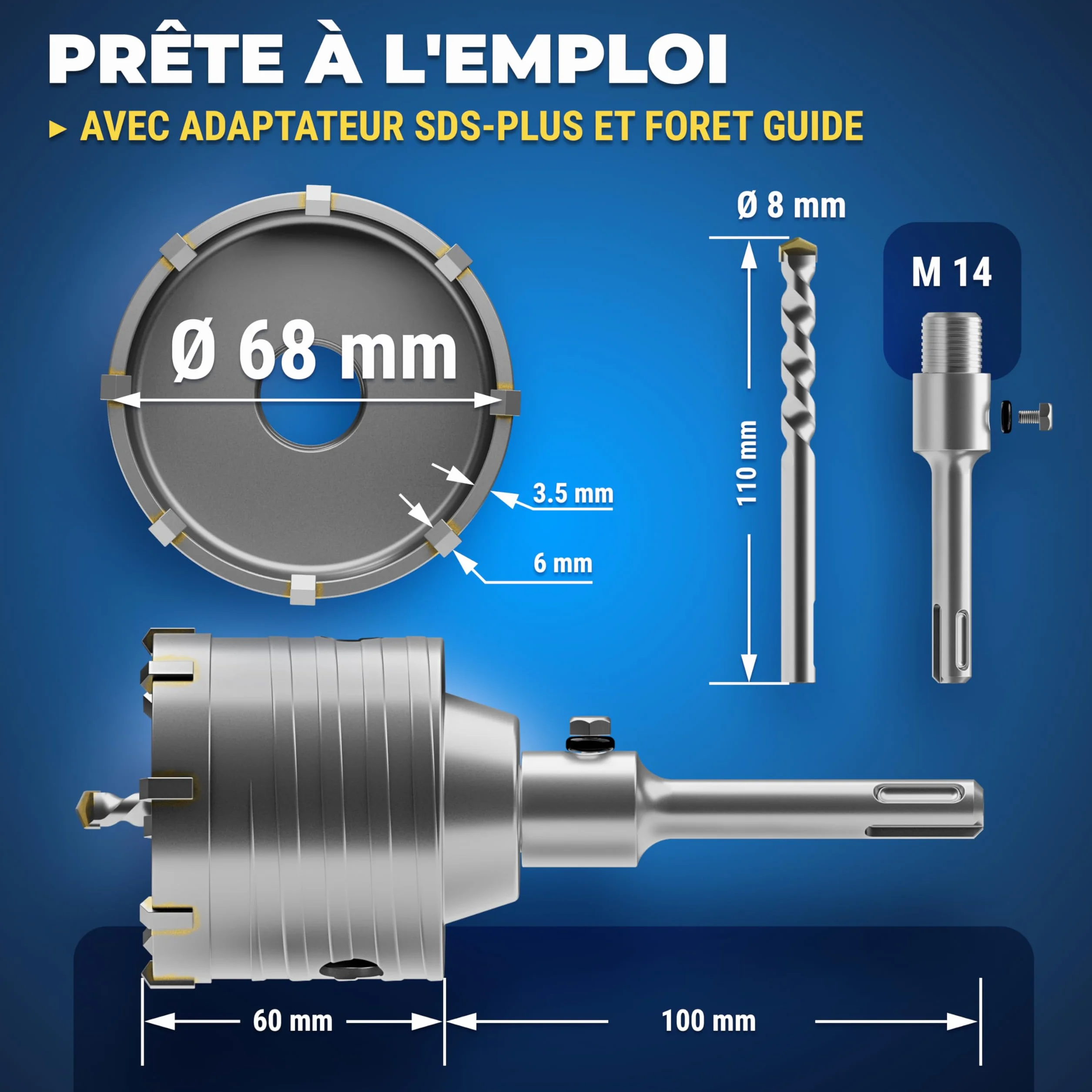 S&R Scie Cloche Trépan Béton 68 mm SDS Plus Couronne Carotteuse Foret à Beton Marbre Brique Pierre Maçonnerie Adaptateur et foret de centrage 8x110 mm