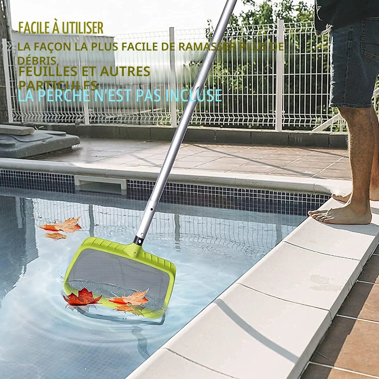 Épuisette de piscine profonde avec cadre en plastique renforcé pour piscine, étang, spas