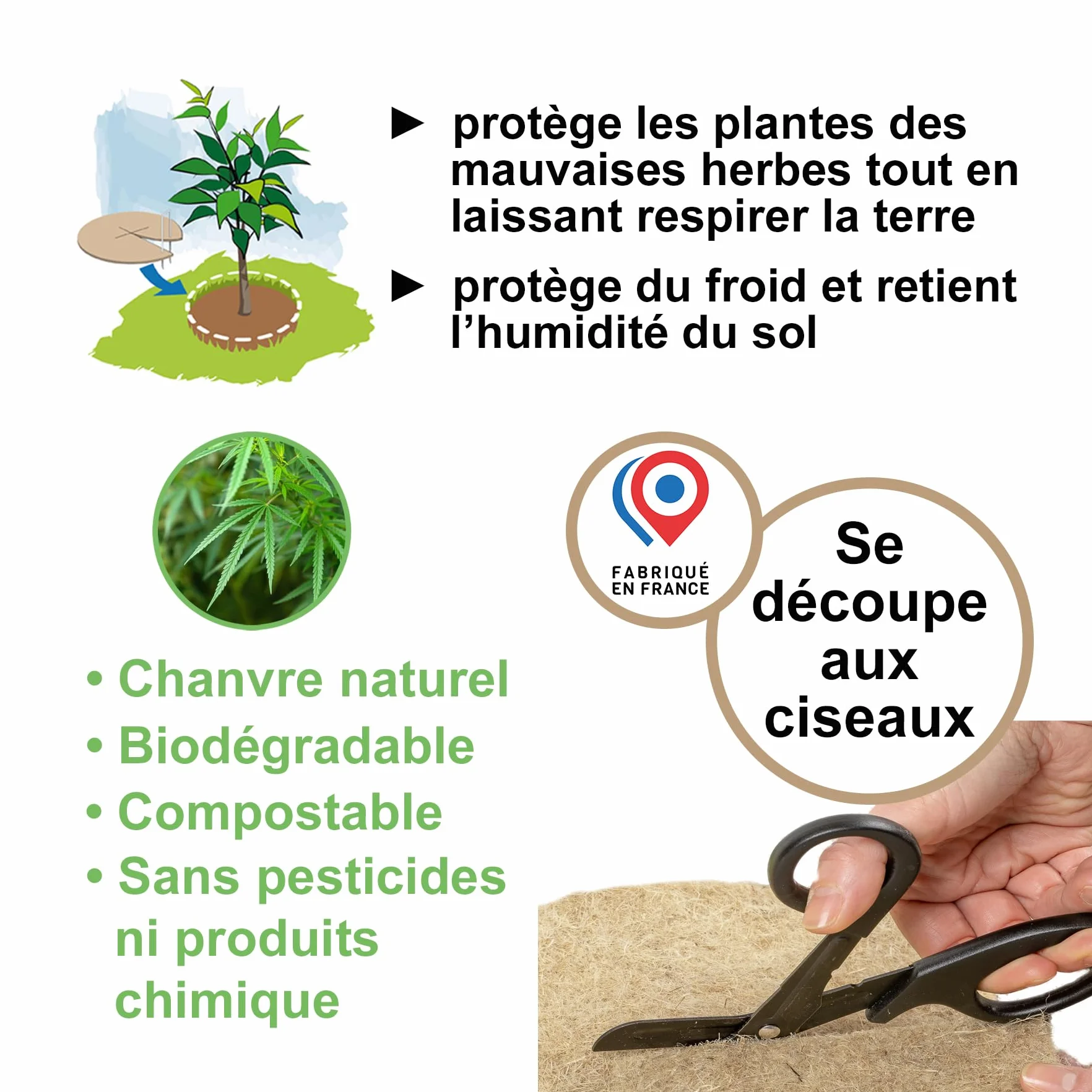 Lot 5 Disques de Paillage Naturel 30cm Feutre de Chanvre 600 g/m² Protection Mauvaises Herbes Marron