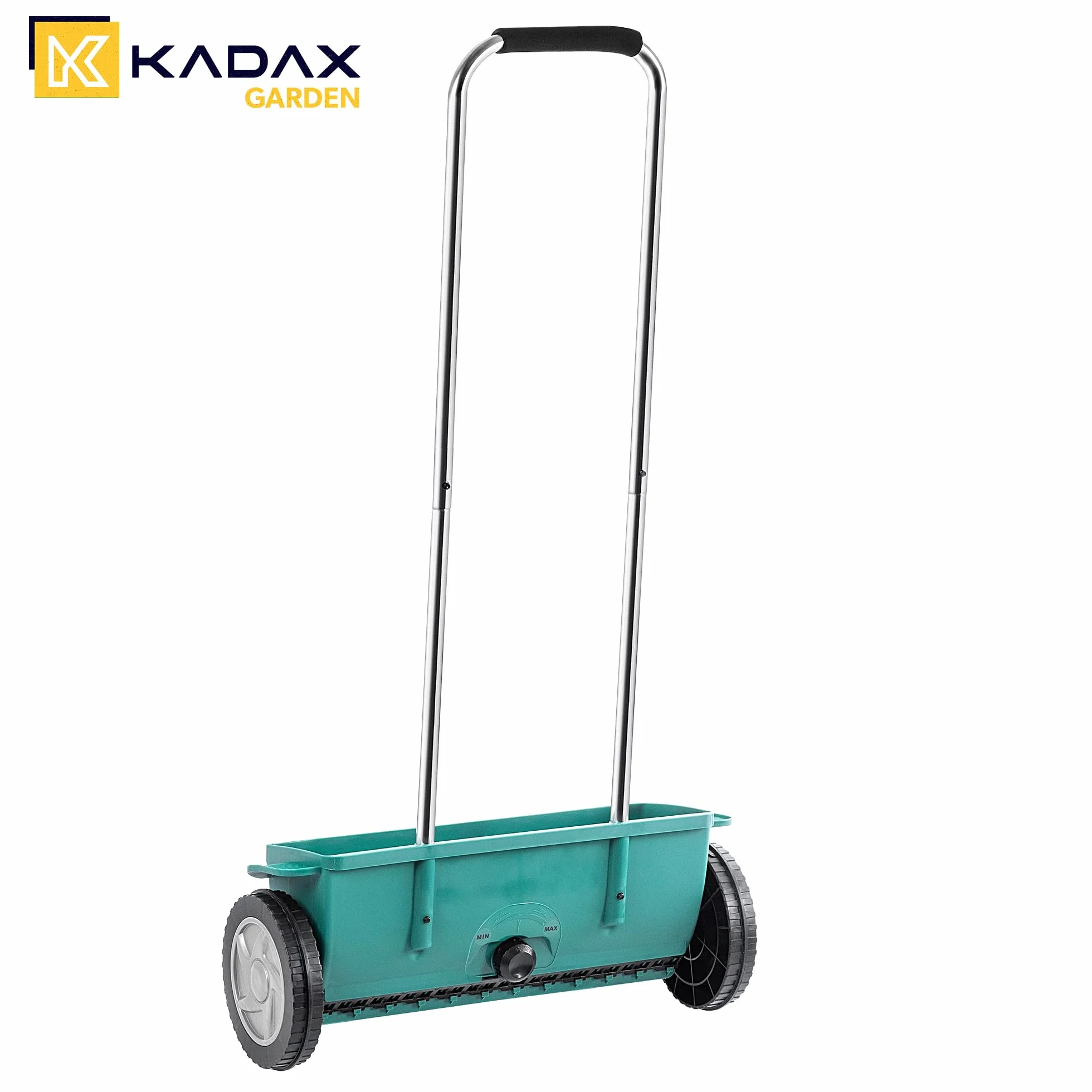 KADAX Épandeur de 12 l, épandeur d'engrais avec roues, pour gazon, graines, calcaire et sel