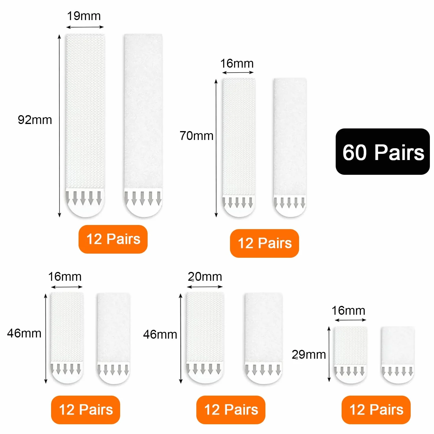 60 Paires Languettes Accroches Tableaux, Accroche Tableau sans Percer, Bandes de Suspension pour Accrocher des Cadres, Accrocher Décos de Noël (16*29mm, 16*46mm, 20*46mm, 16*70mm, 19*92mm)