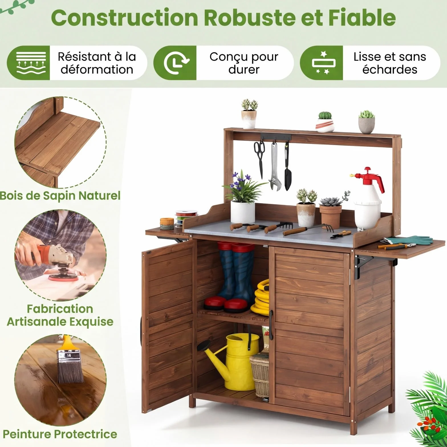 RELAX4LIFE Table de Rempotage d'Extérieur en Bois avec Armoire, Plateau Métal, Étagère 3 Niveaux