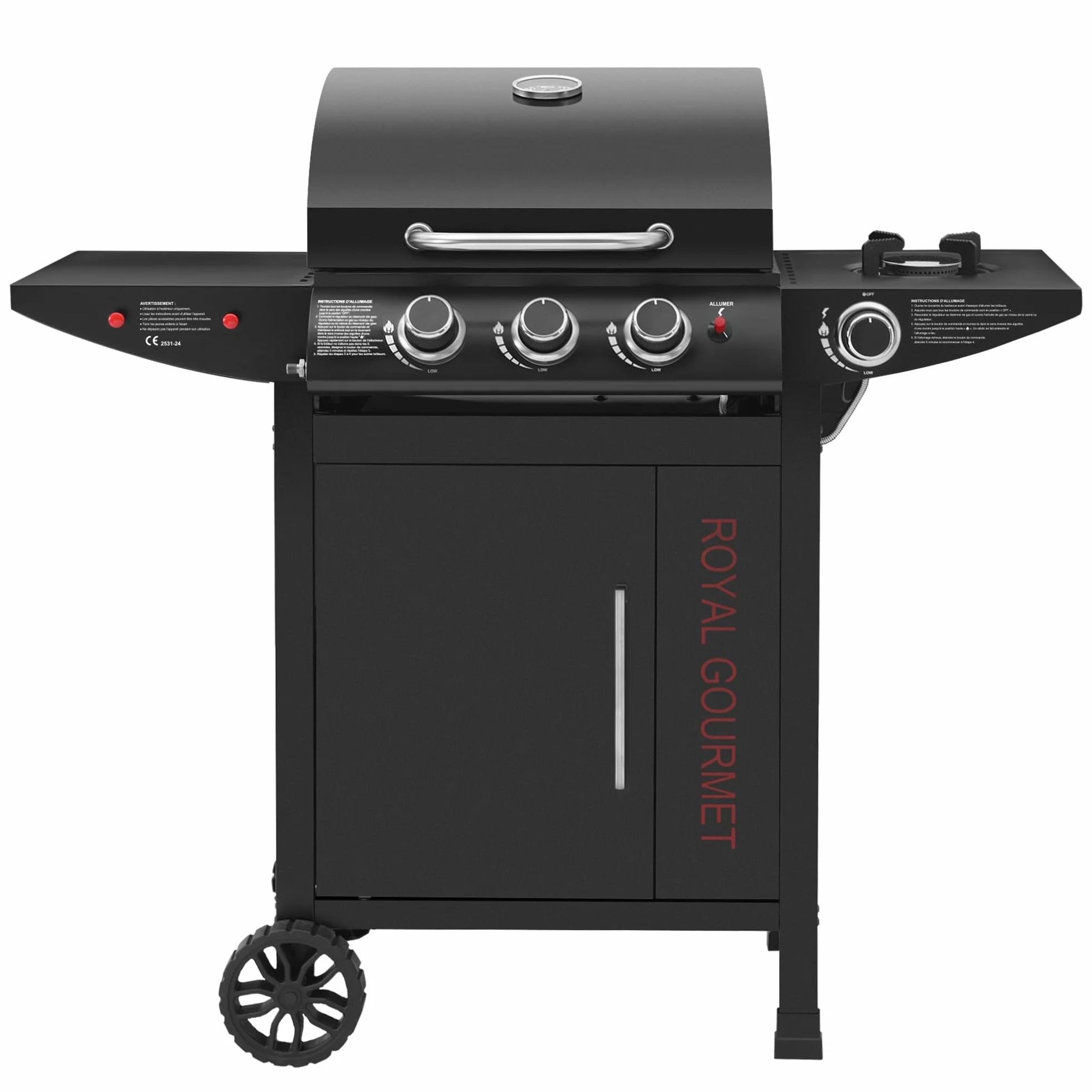Royal Gourmet Barbecue Gaz 3+1 Brûleurs Acier Inoxydable Gril sur Chariot 11,5 KW avec Tablette Thermomètre Noir