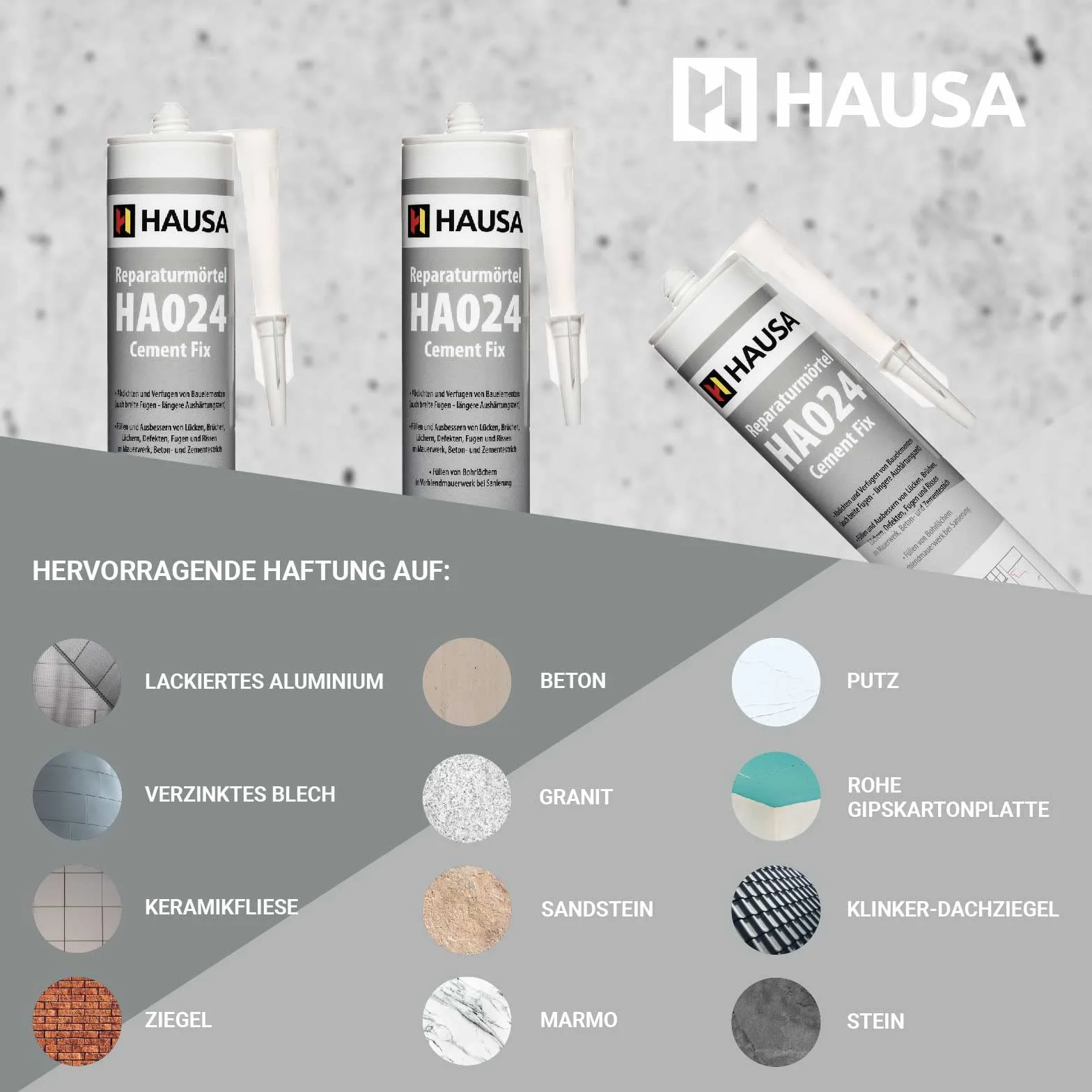 HAUSA Mortier de Réparation Cement Fix HA024 Mortier Prêt à l'Emploi pour Jointoiement Remplissage Cassures Fissures Ciment Rapide pour Intérieur et Extérieur Gris Ciment 4x 310 ml