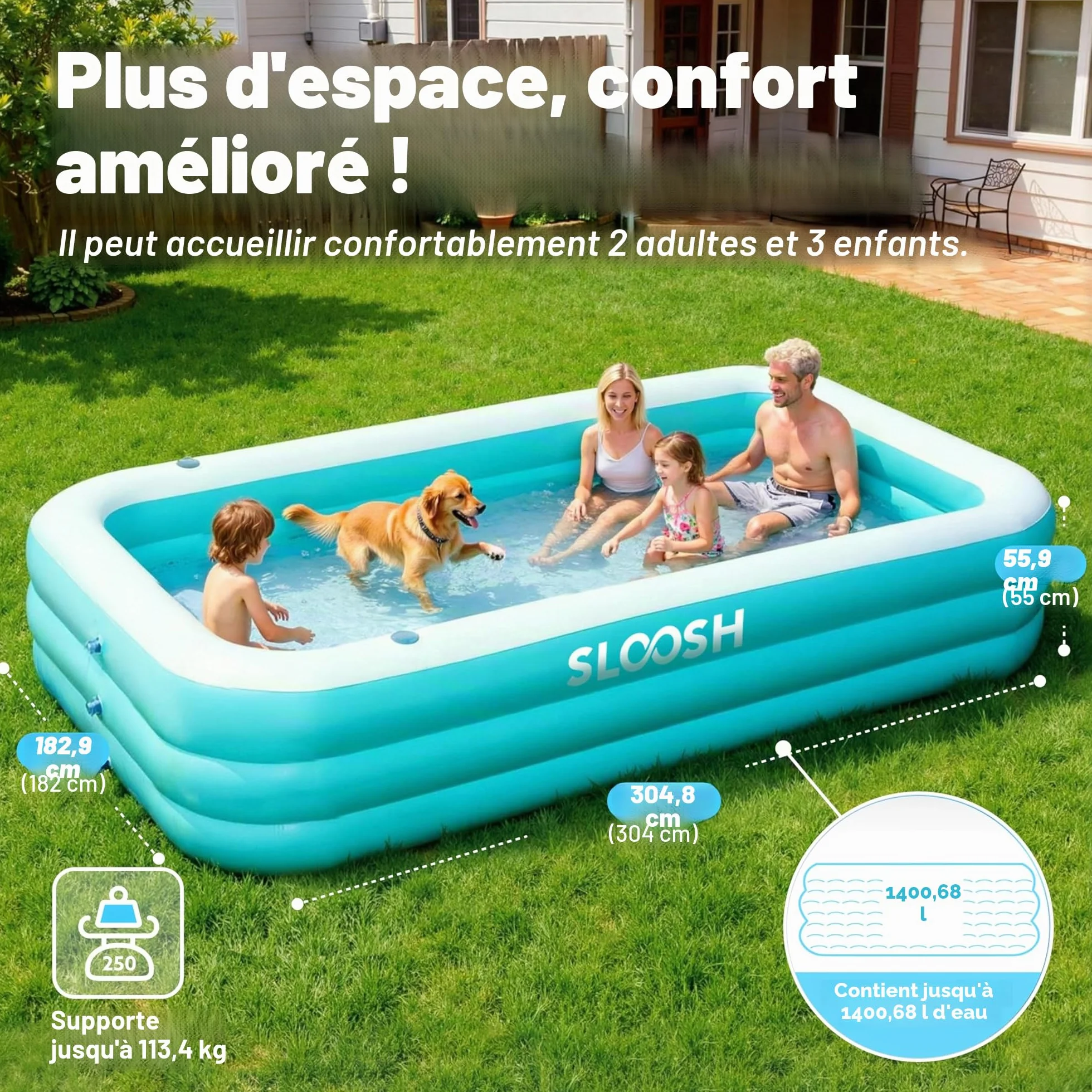 SLOOSH Piscine gonflable pour adultes 304,8 x 182,9 x 55,9 cm familiale hors sol durable