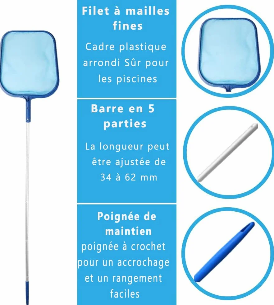 Voarge Épuisette de Surface pour Piscine 122 cm avec Manche Télescopique en Aluminium Maille Fine