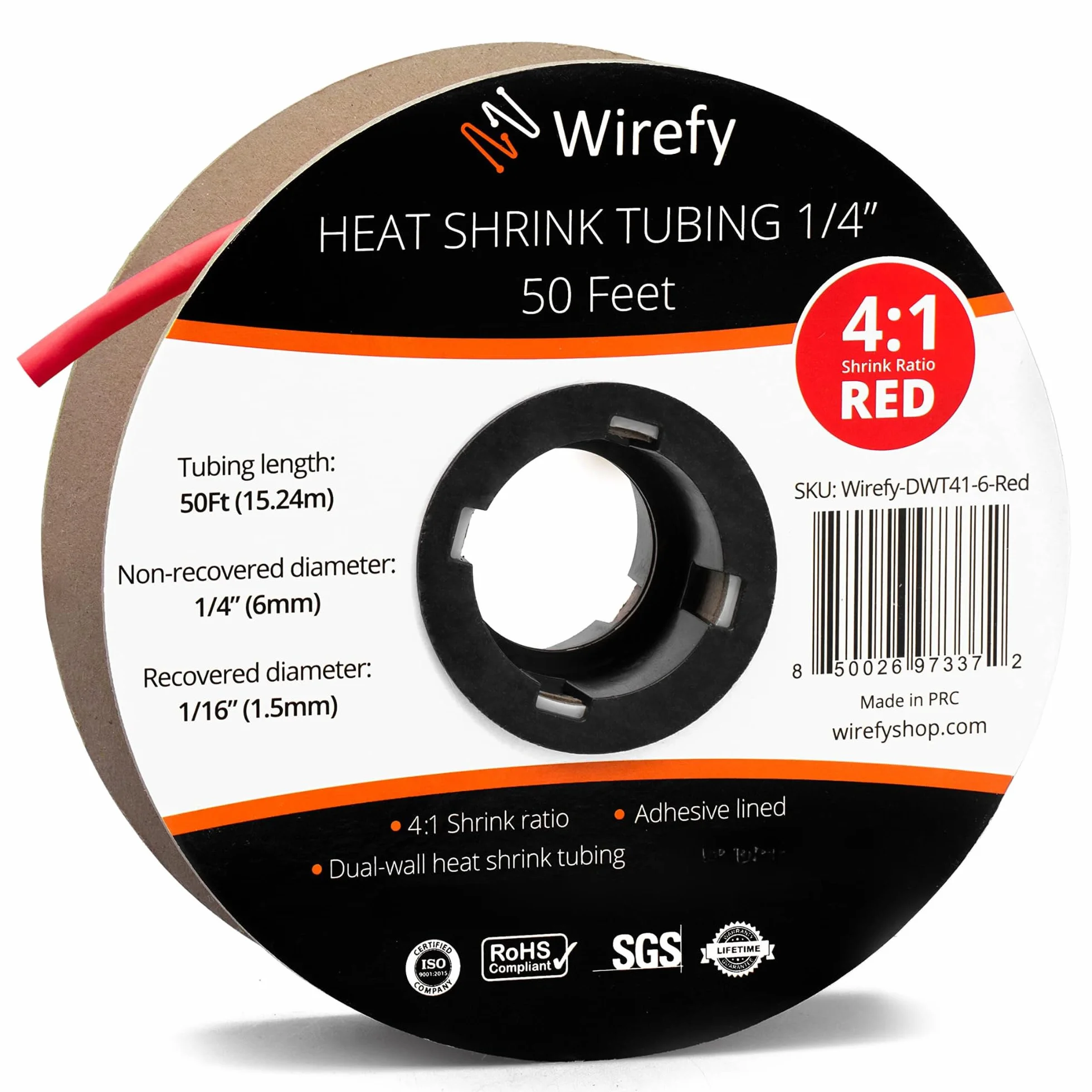 Wirefy Gaine Thermorétractable Etanche 6,4 mm - 4:1 Tube Thermoretractable à Double Paroi - Revêtement Adhésif - Gaine Thermo - Rouge - Rouleau de 15 m