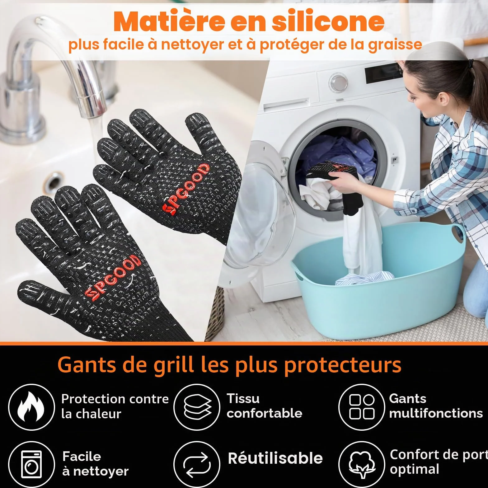 SPGOOD Gants de Barbecue Anti-Chaleur Jusqu'à 800°C Noir L/XXL