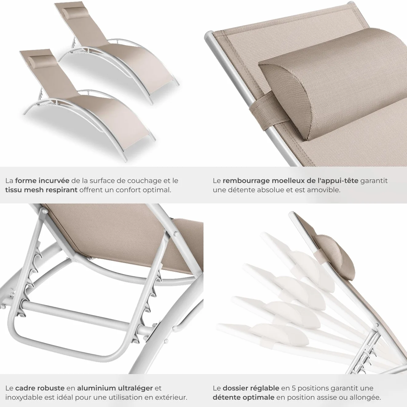 Tectake Set de 2 Chaise Longue Bain de Soleil Jardin avec Appuie-tête Inclinable Beige