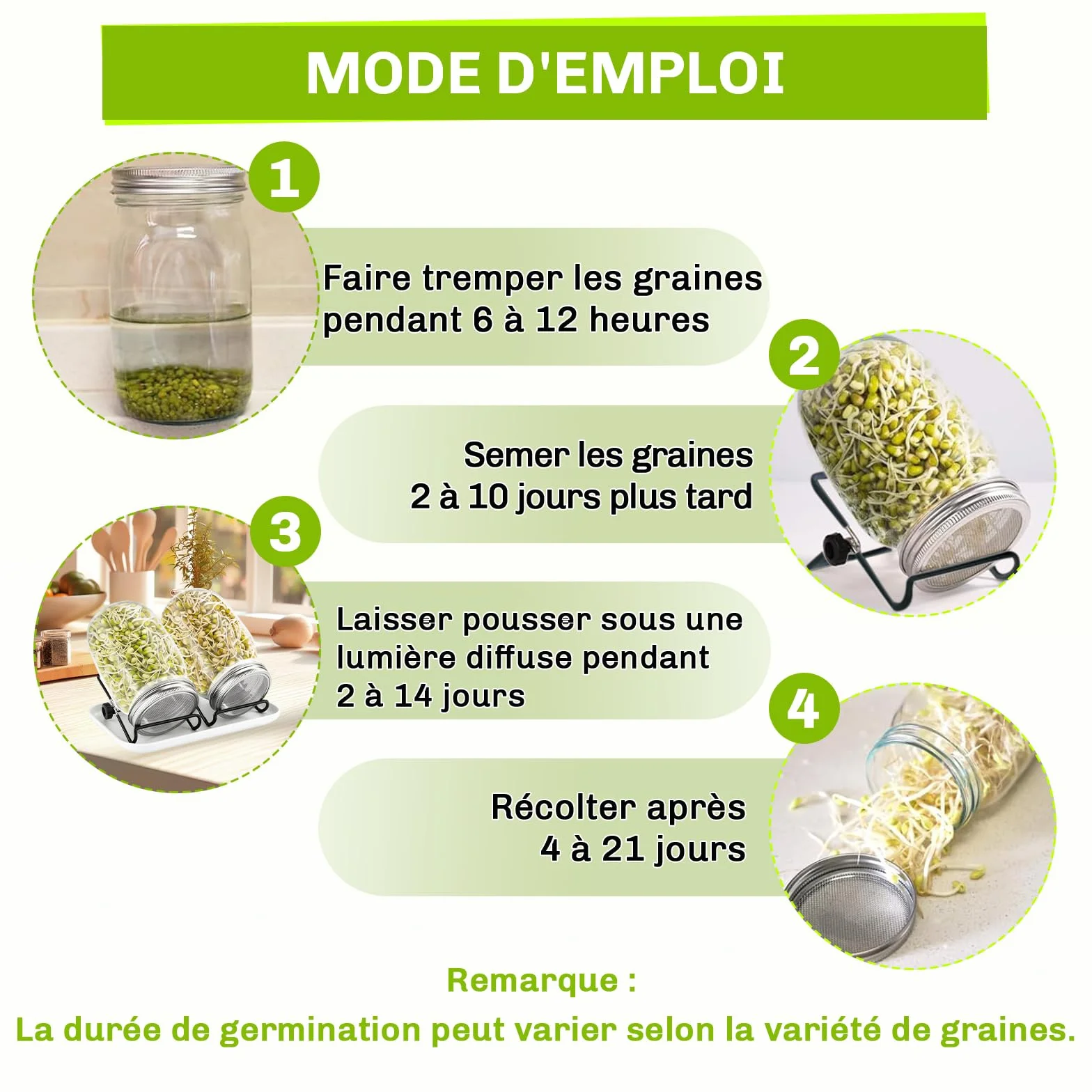 Bocal de Germination 2x750ml Germoir en Verre avec Couvercle Acier Inoxydable et Support