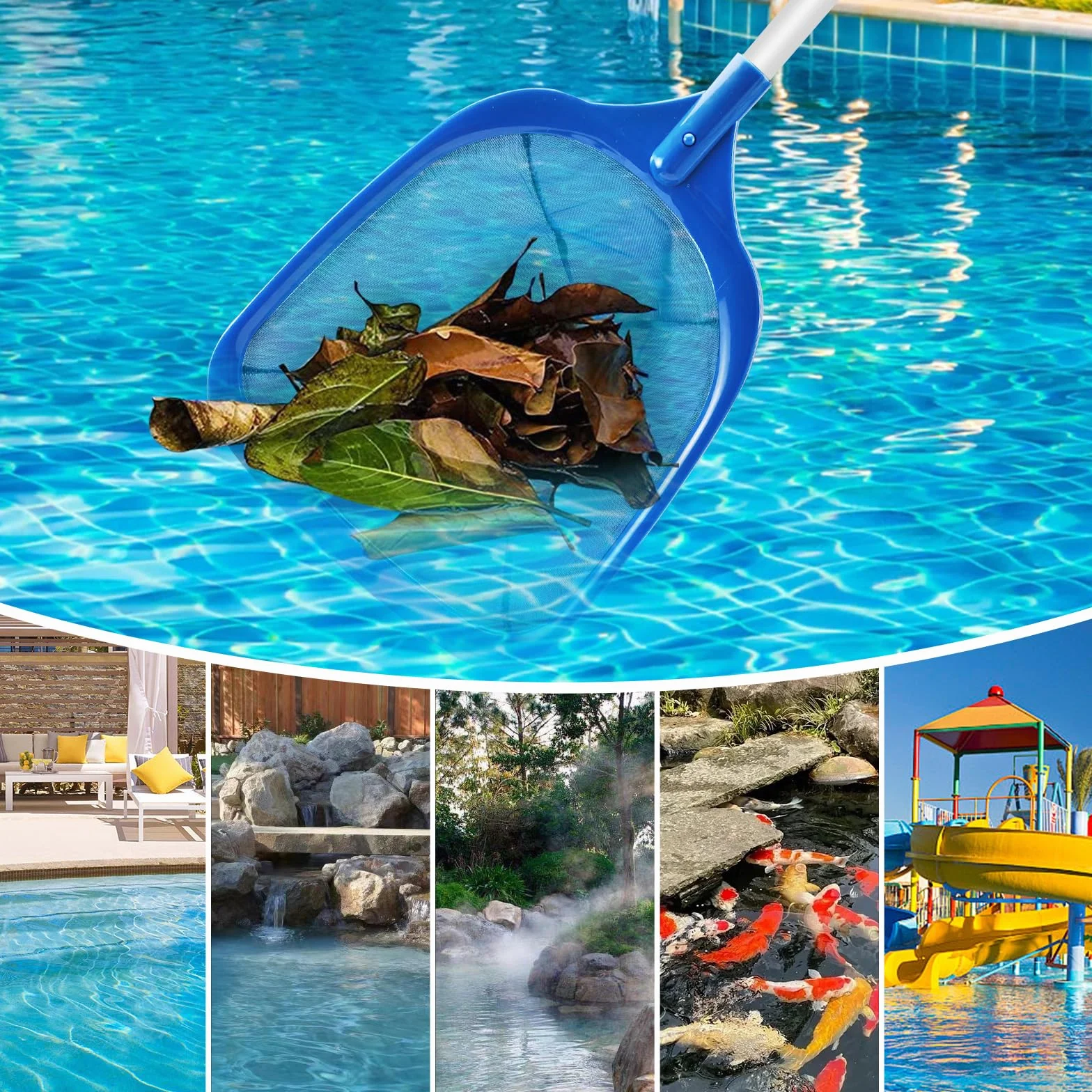 Jsdoin 161cm Épuisette de Surface pour Piscine, Filet avec Manche Télescopique Réglable 123cm