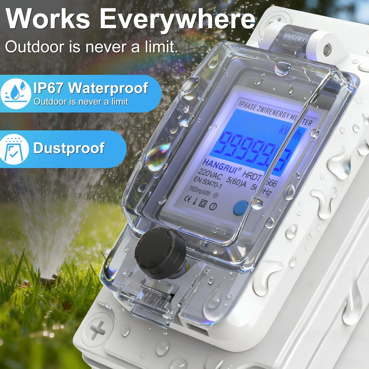 BreeRainz Compteur de courant numérique mobile 60 A 230 V, compteur électrique étanche IP67 kilowatts avec prise CEE Schuko universelle, fonction mémoire de coupure de courant, pour appareils
